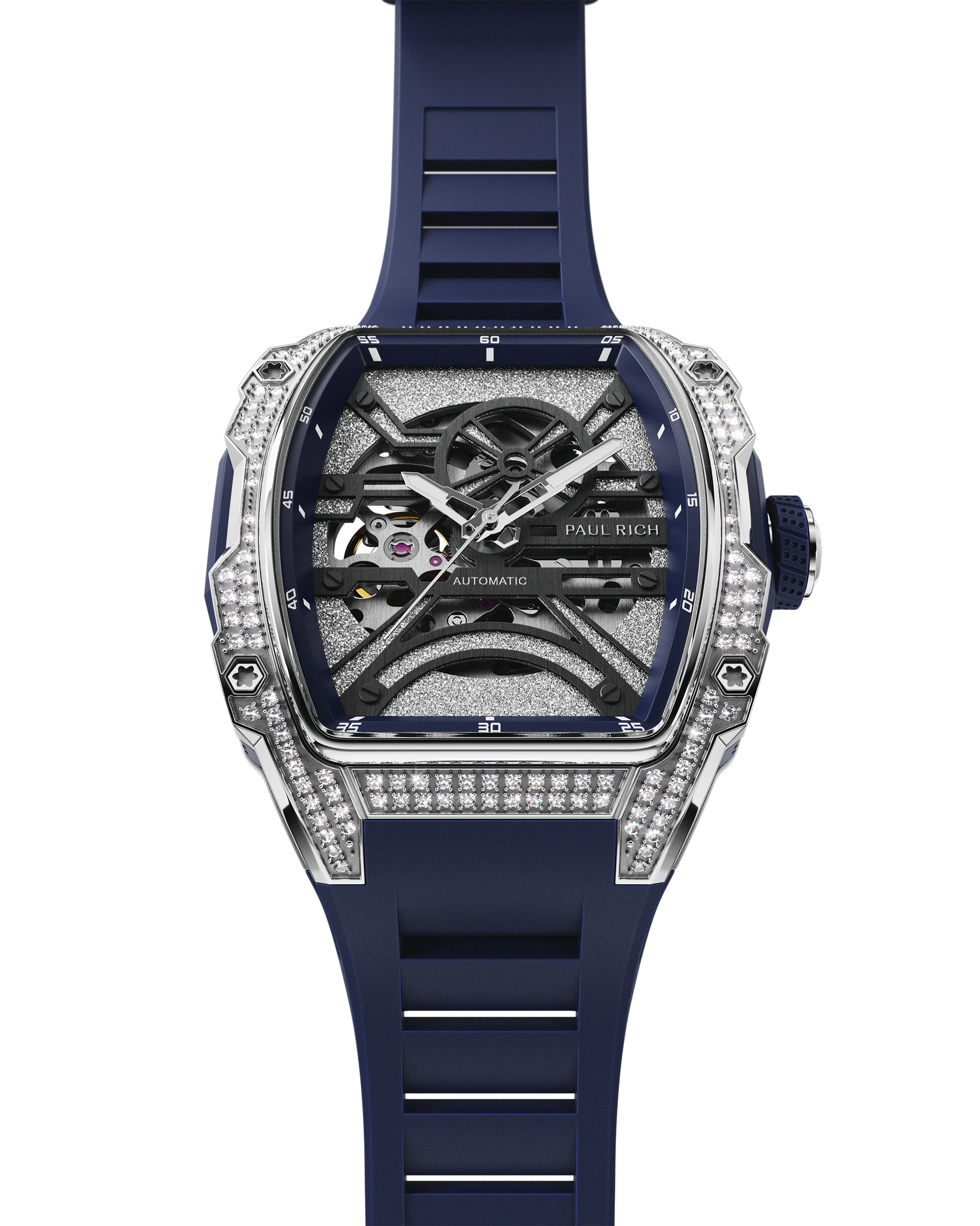 Front view of open dial watch with diamond-set silver case and navy blue strap, shown on transparent background.