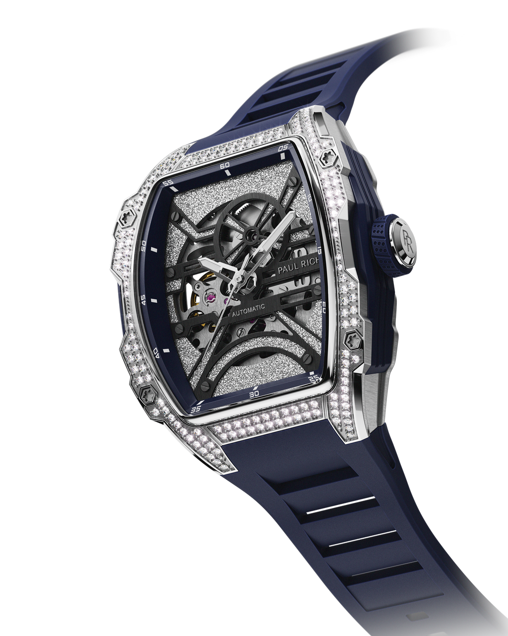 Angled view of open dial watch with diamond-set silver case and navy blue strap, shown on transparent background.