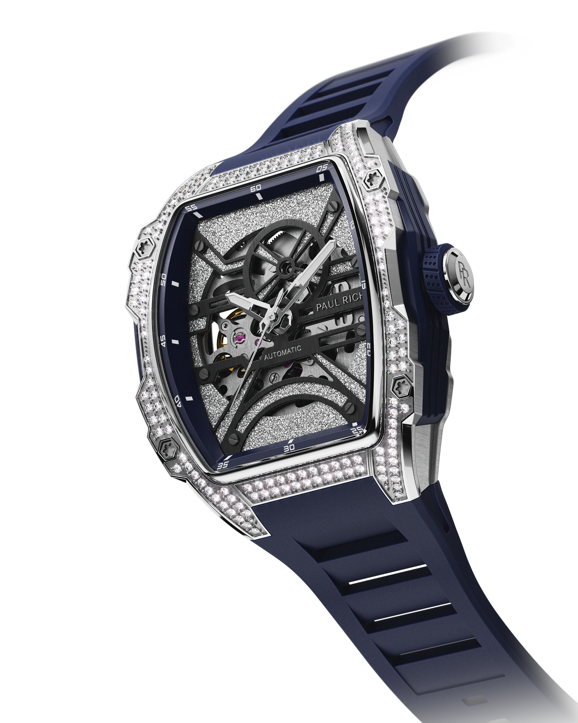 Angled view of open dial watch with diamond-set silver case and navy blue strap, shown on transparent background.