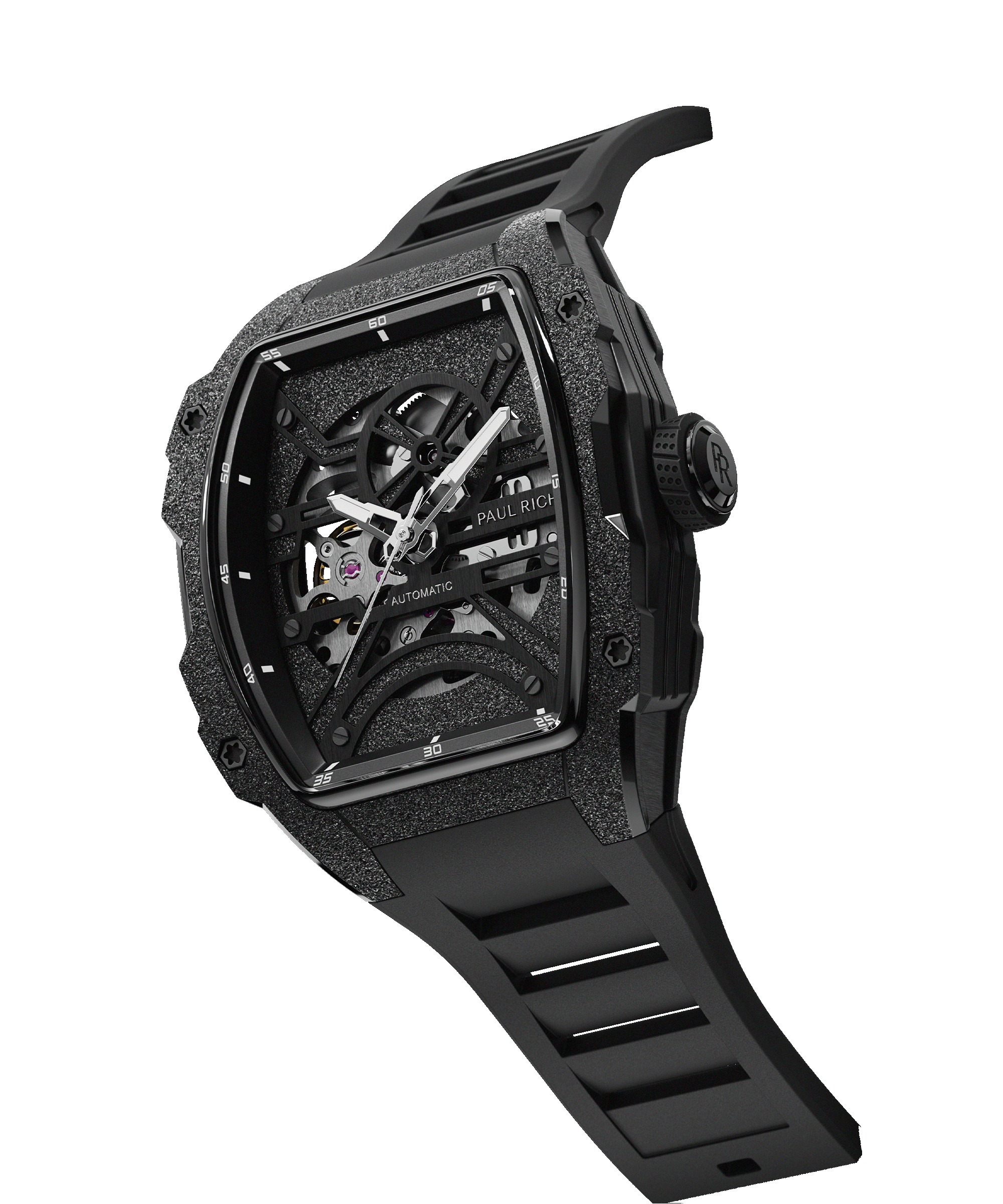 Angled view of Paul Rich watch with frosted black tonneau case, silver skeleton dial, white hands, and black rubber strap, on transparent background.