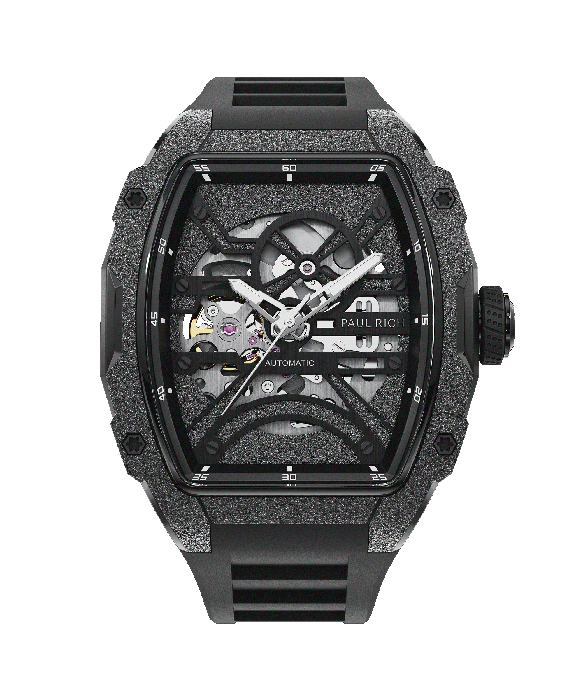 Paul Rich watch with frosted black tonneau case, silver skeleton dial, white hands, and black rubber strap, shown on transparent background.