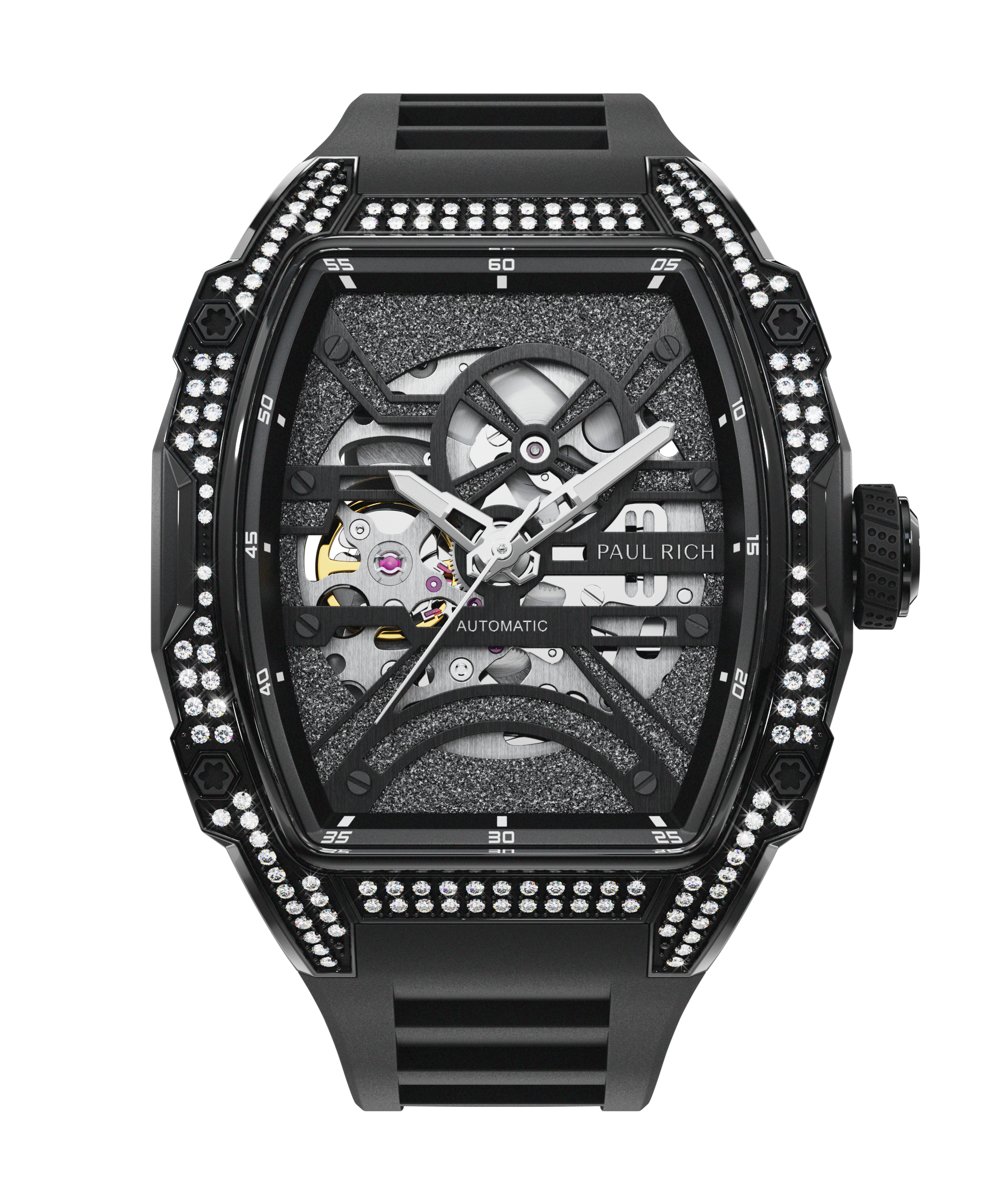 Front view of black open dial watch with silver automatic movement, black strap, and diamond-set case on white background.
