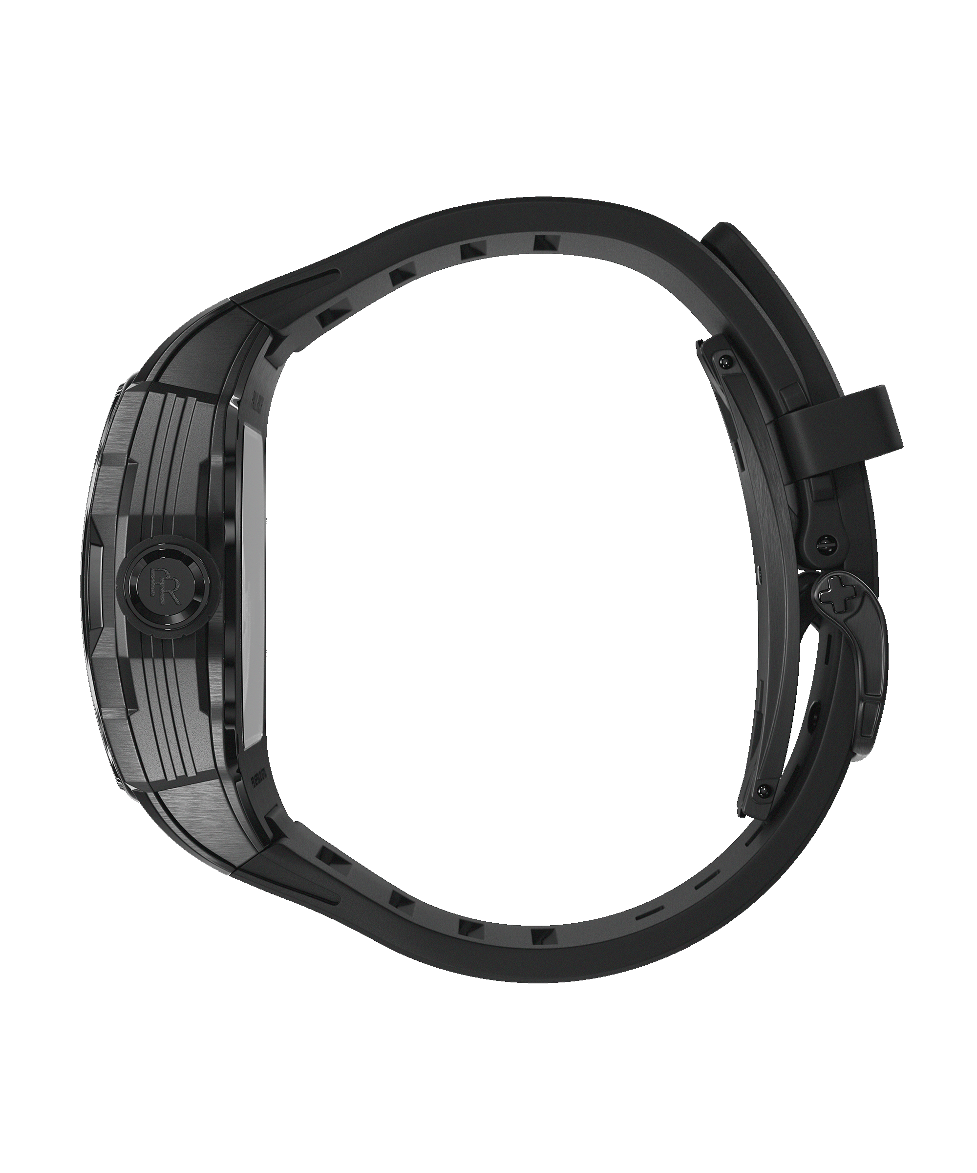 Side view of tonneau-shaped Paul Rich watch with black PR monogram crown, matte black case, and curved black rubber strap.