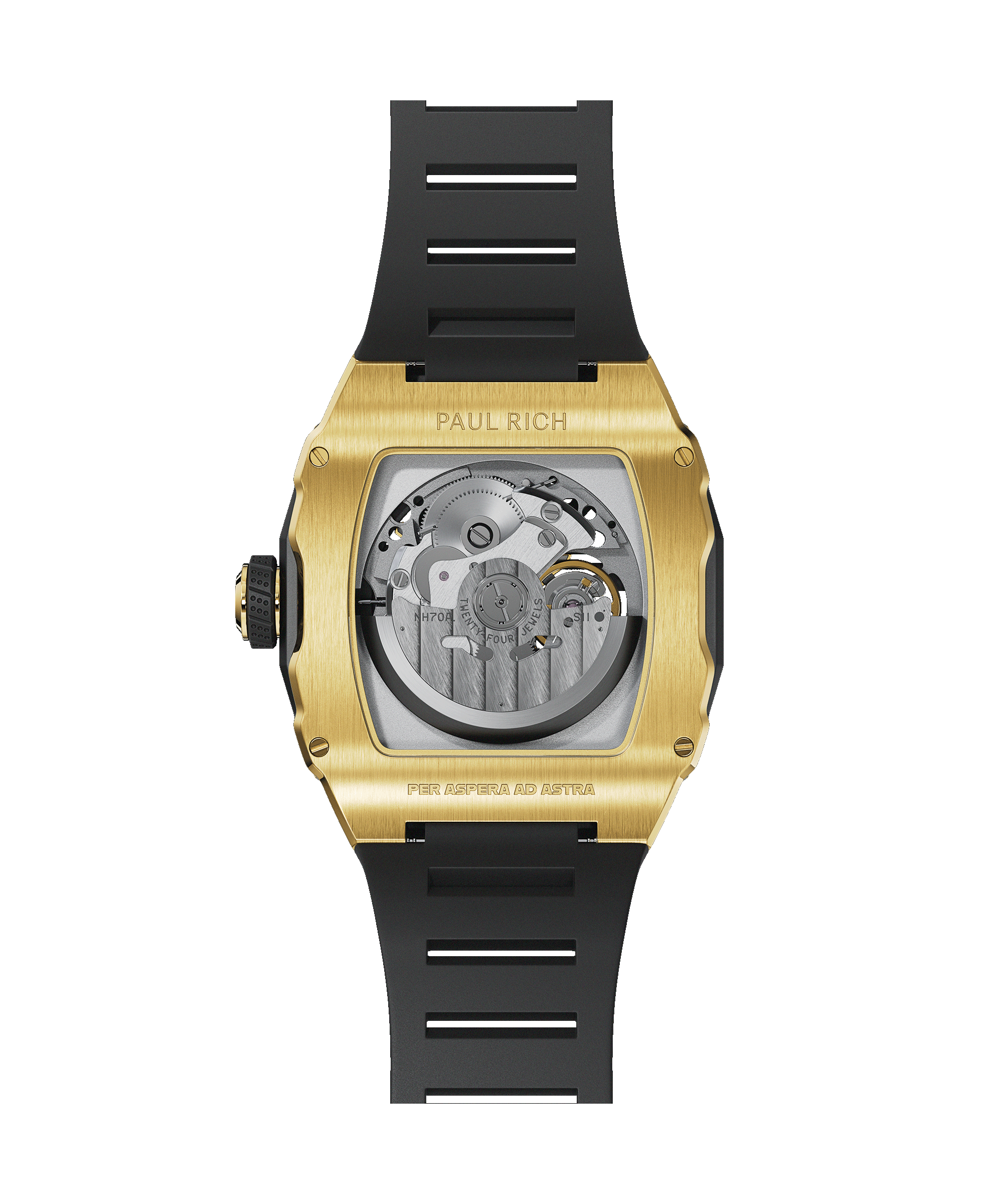 Back view of a gold tonneau-shaped wristwatch with visible automatic movement, brushed gold case, black rubber strap, and “Per Aspera Ad Astra” engraved.