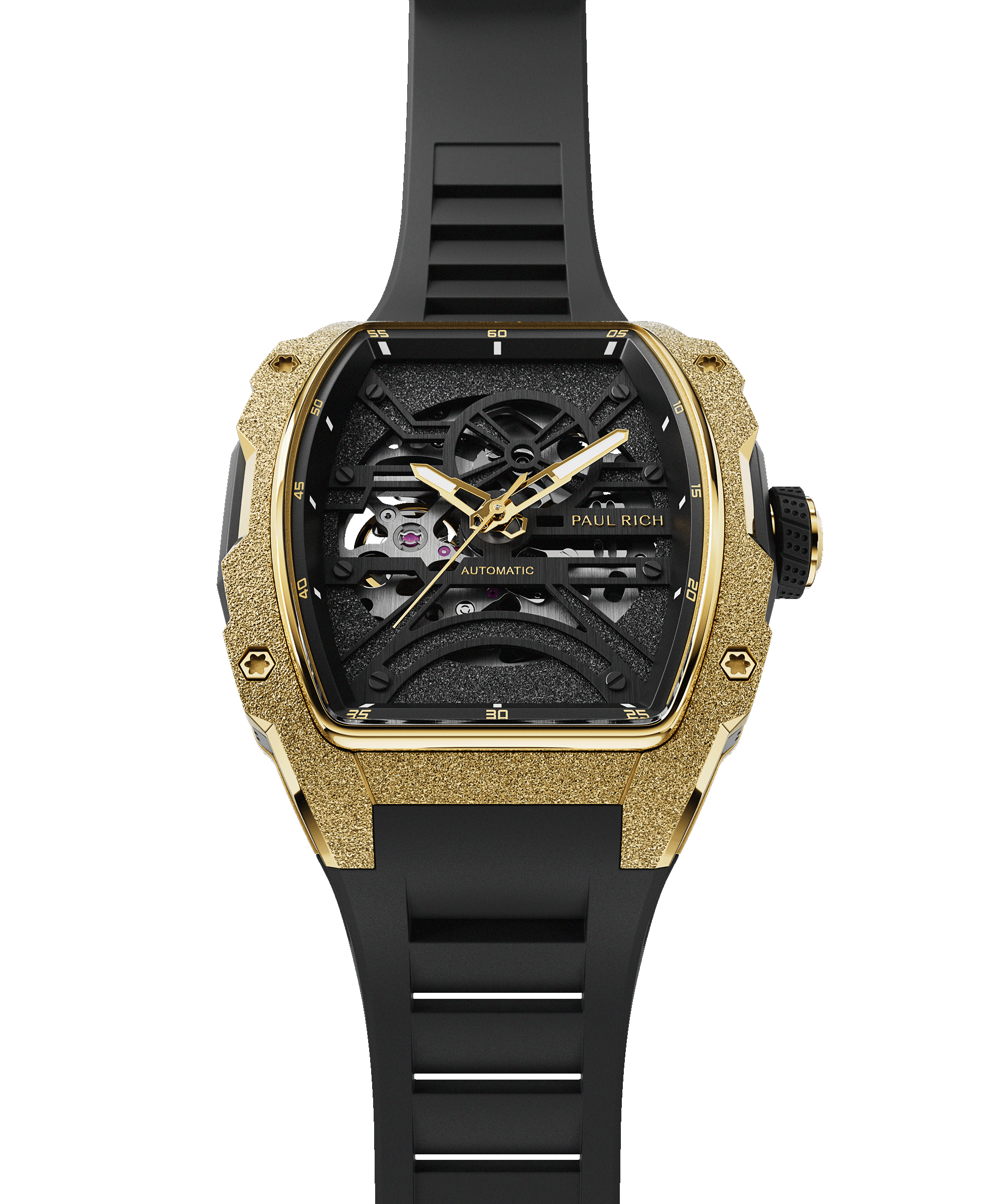 Front view of Paul Rich watch with frosted gold tonneau case, gold hands, black skeleton dial, and black rubber strap, shown vertically.