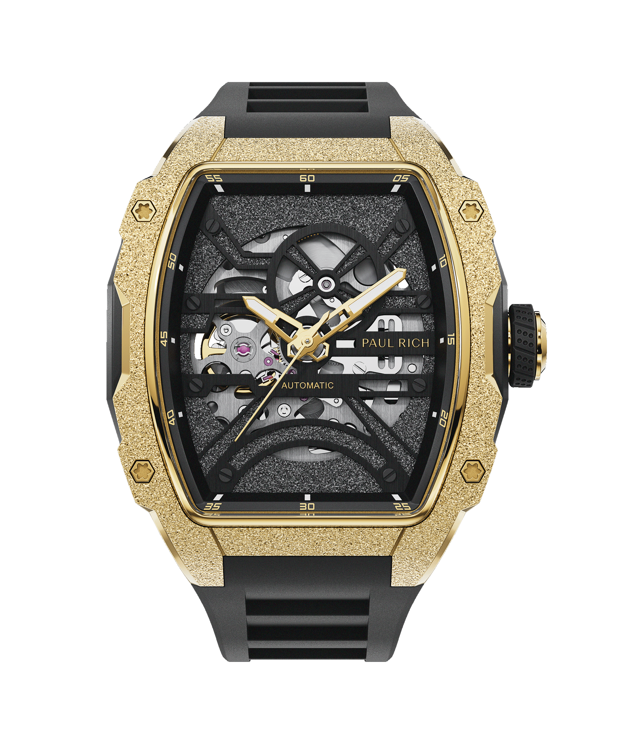 Paul Rich watch with frosted gold tonneau case, skeleton dial, gold hands, and black rubber strap, shown on transparent background.