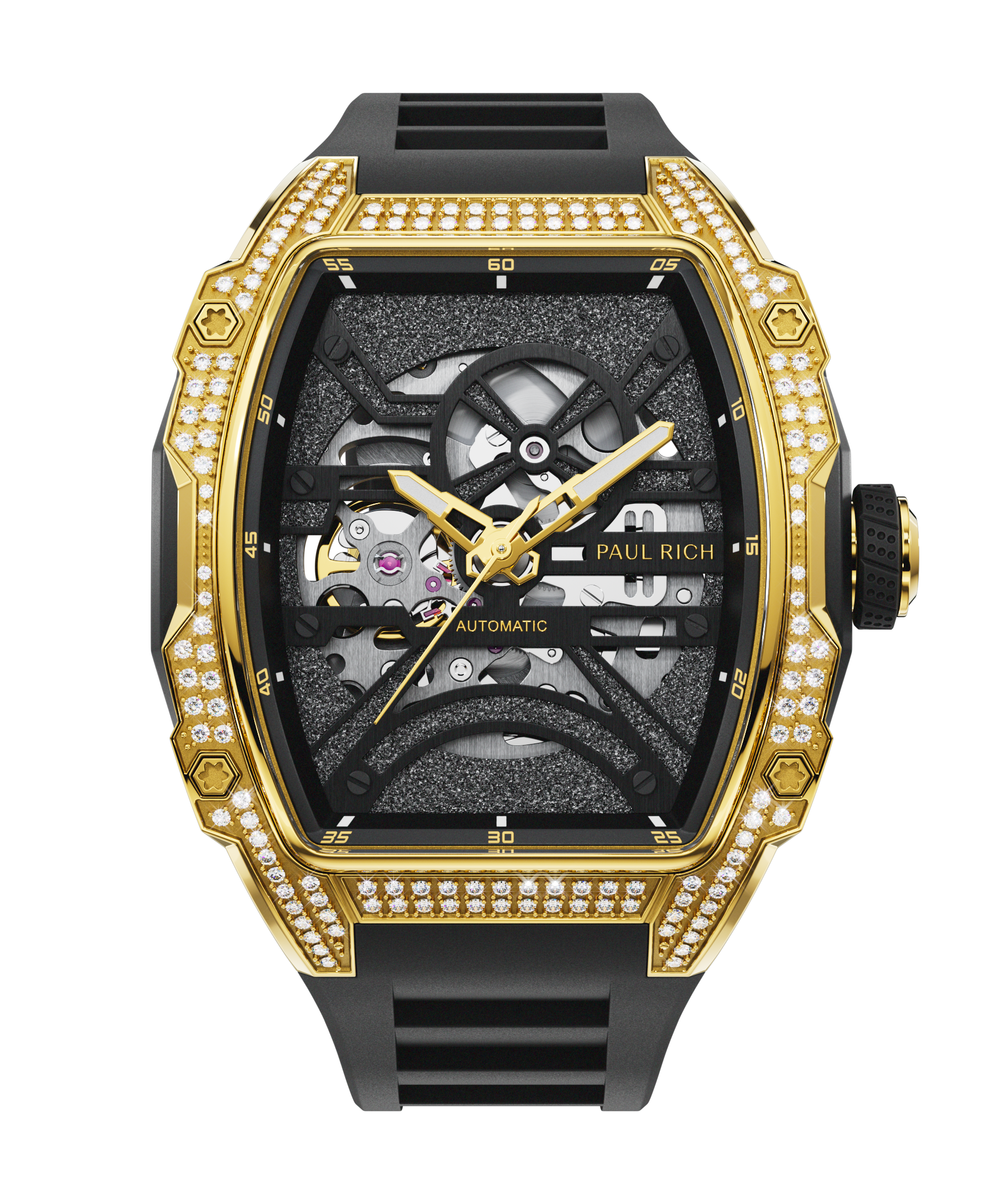 Gold tonneau-shaped wristwatch with skeleton dial, crystal-set bezel, textured metallic baseplate, and black rubber strap shown on a transparent background.
