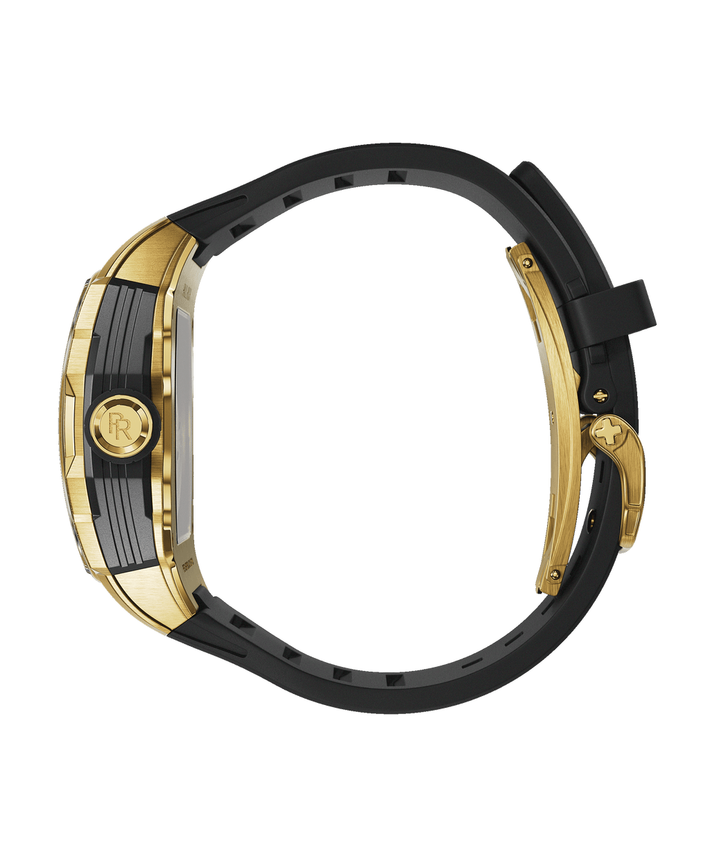 Side view of Paul Rich watch with polished gold and black case, PR monogram crown, and black rubber strap, shown on transparent background.