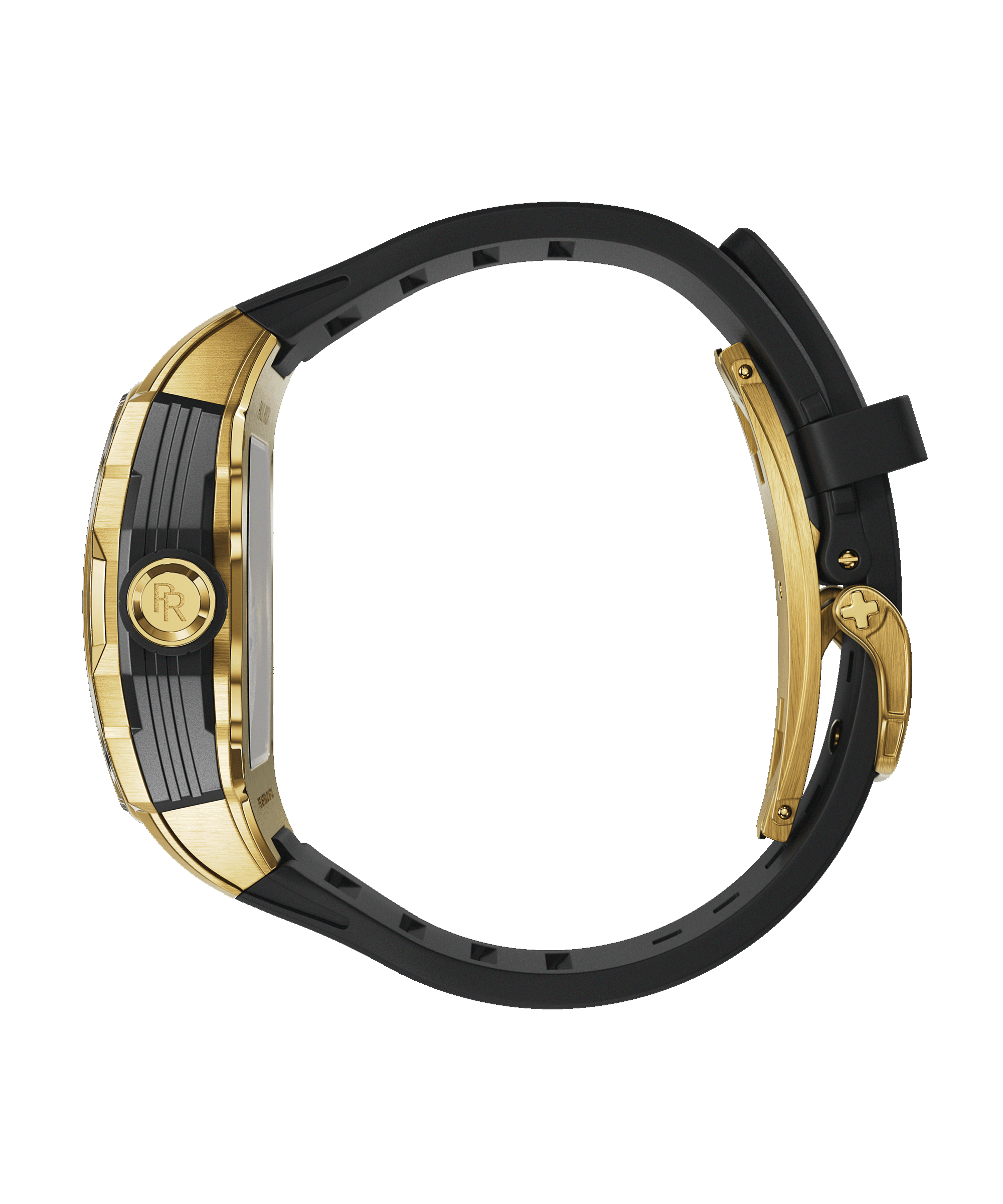 Side view of Paul Rich watch with polished gold and black case, PR monogram crown, and black rubber strap, shown on transparent background.