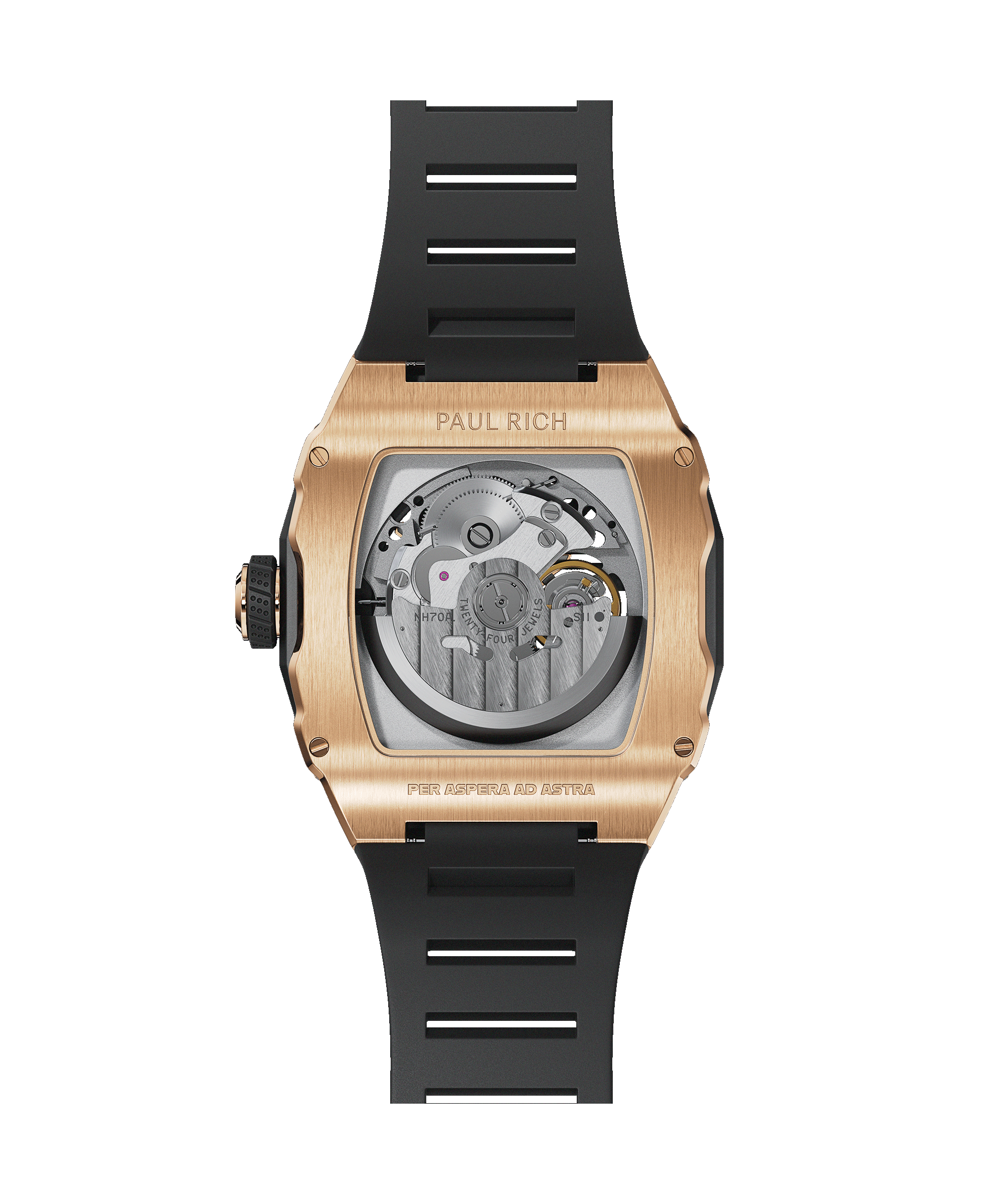 Back view of Paul Rich watch with rose gold case, exposed automatic movement, and black rubber strap, engraved with ‘Per Aspera Ad Astra.’