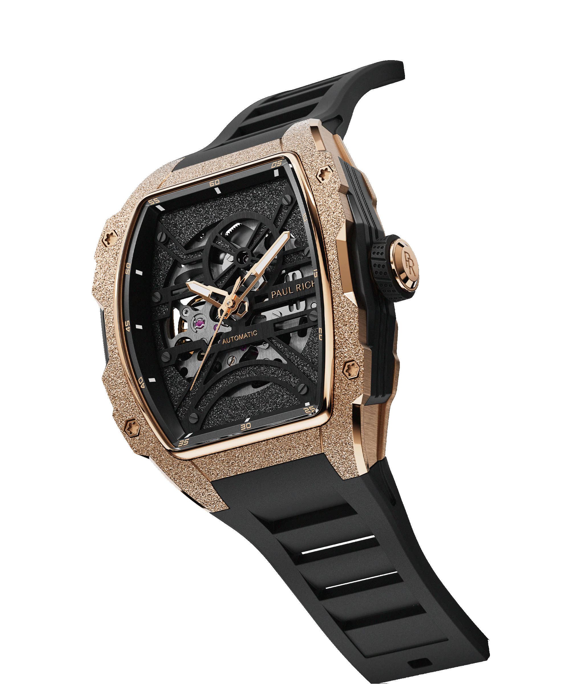 Angled view of Paul Rich watch with frosted rose gold tonneau case, skeleton dial, and black rubber strap, shown on transparent background.