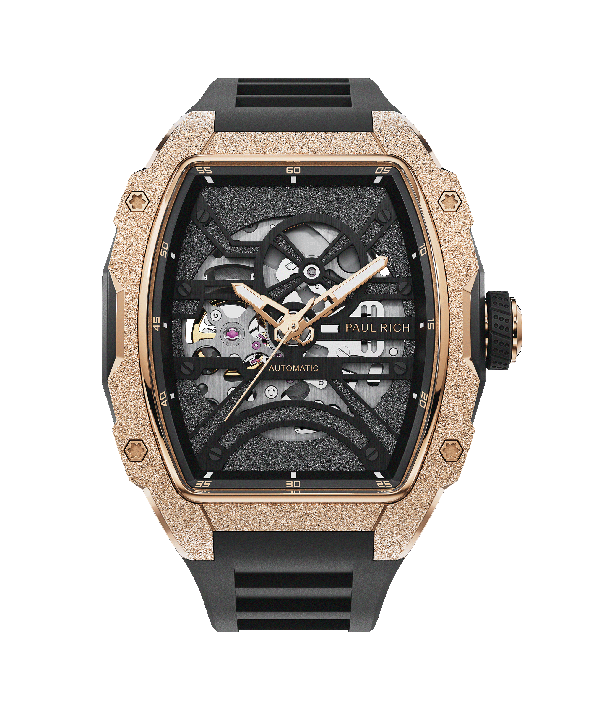 Paul Rich watch with frosted rose gold tonneau case, skeleton dial, and black rubber strap, displayed on transparent background.