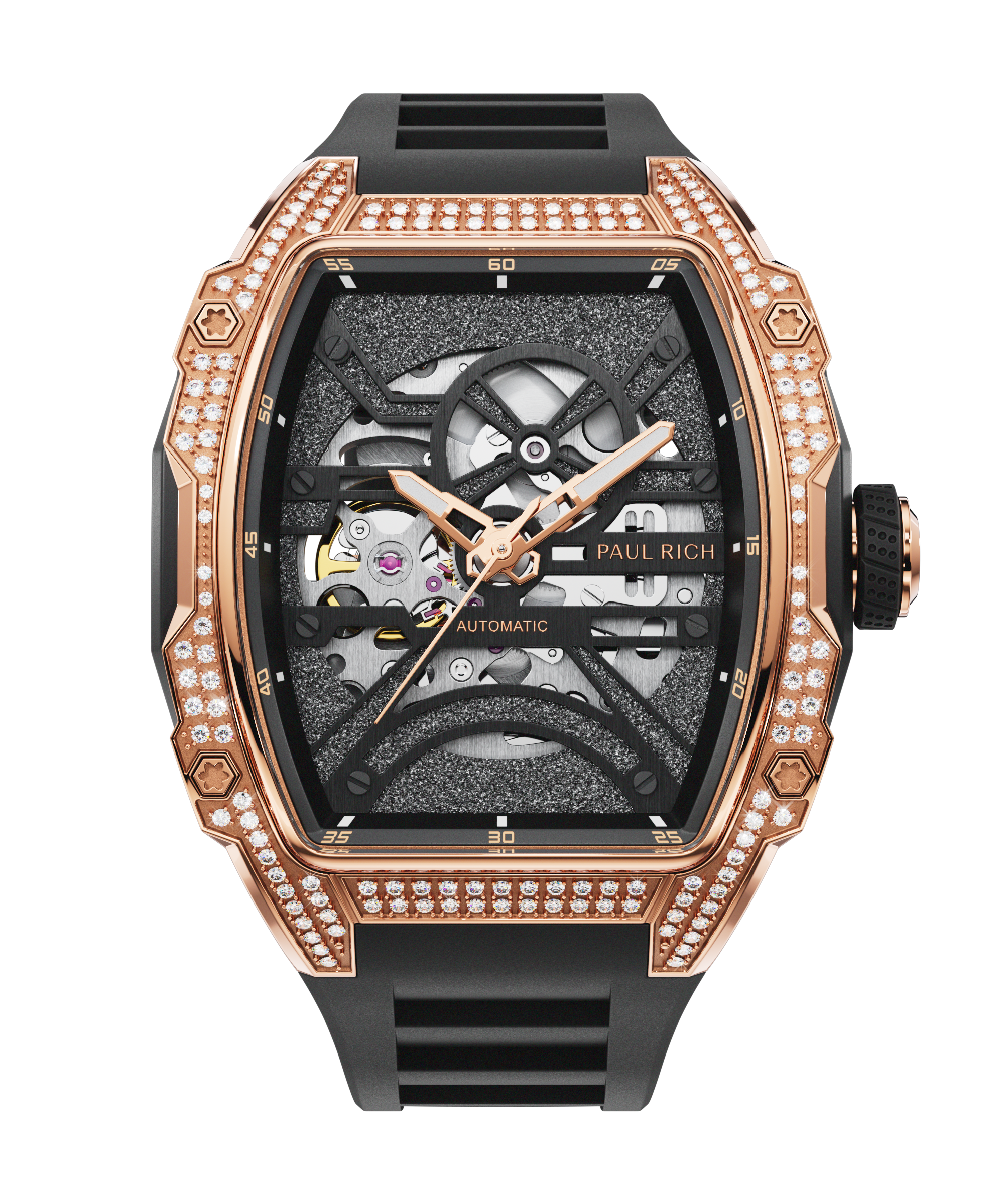 Front view of open dial watch with diamond-set rose gold case and black strap on white background.