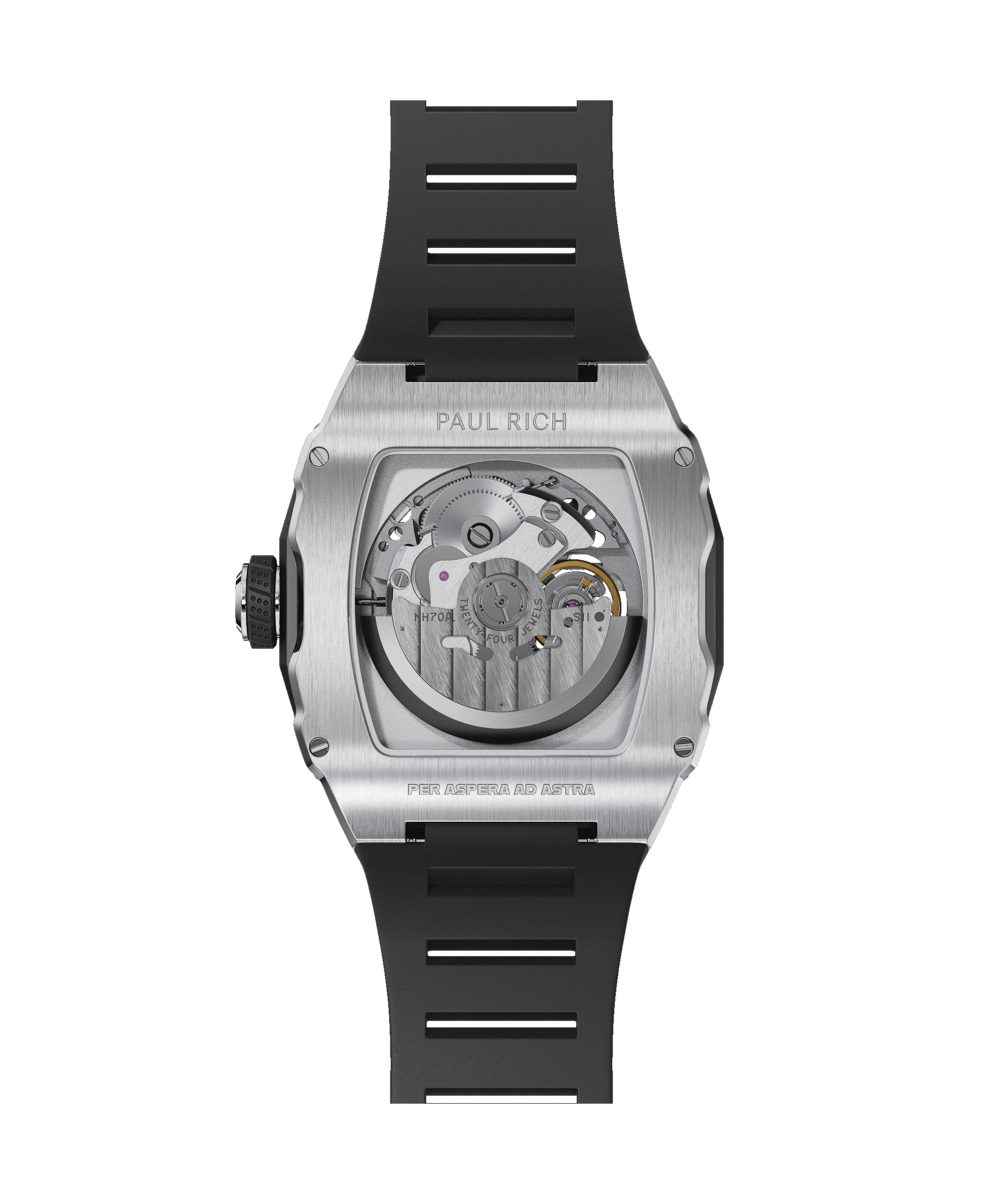 Back view of a tonneau-shaped wristwatch with a visible automatic movement, brushed steel case, black rubber strap, and “Per Aspera Ad Astra” engraved.