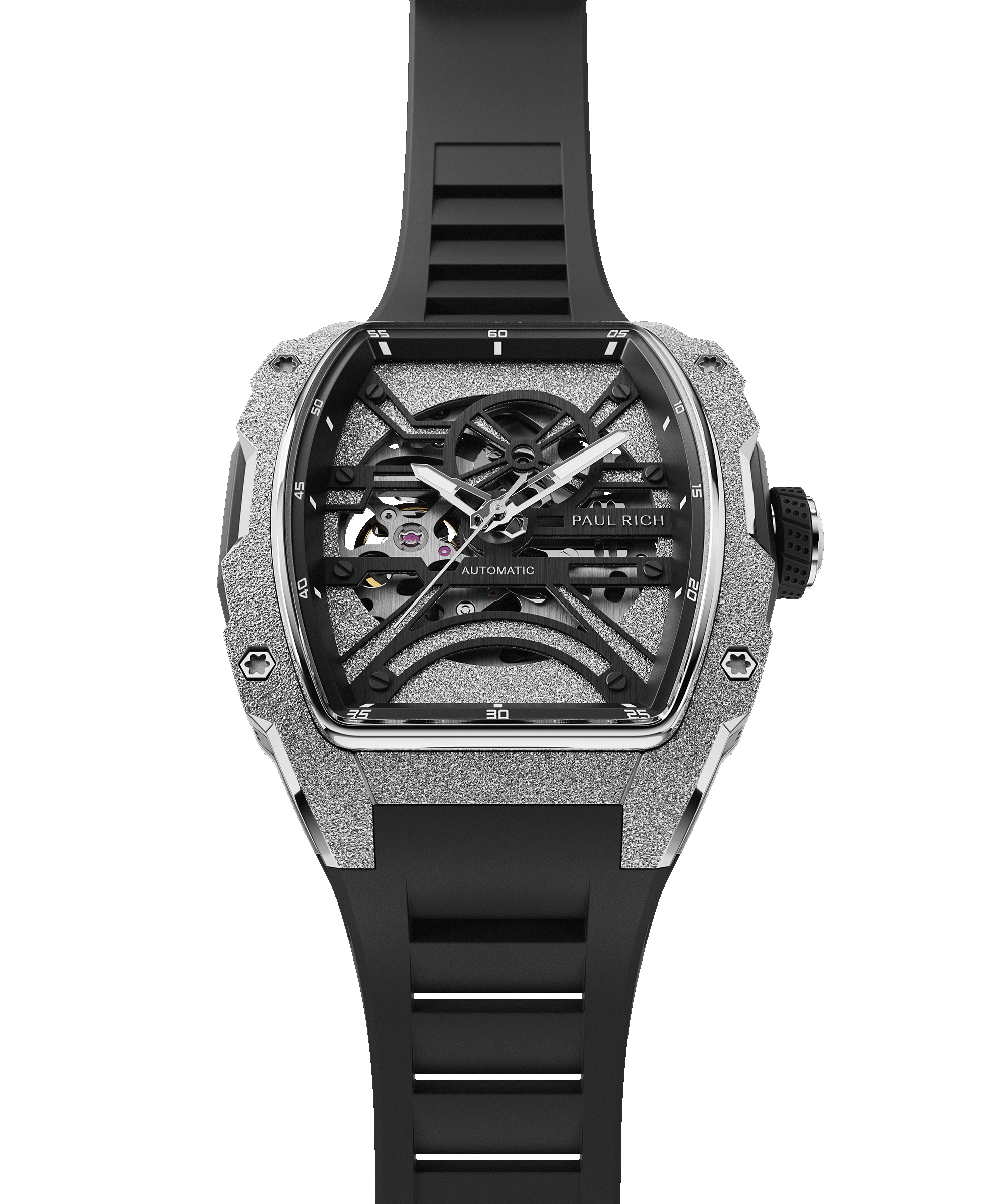 Front view of Paul Rich watch with frosted silver tonneau case, skeleton dial, white hands, and black rubber strap, shown vertically.