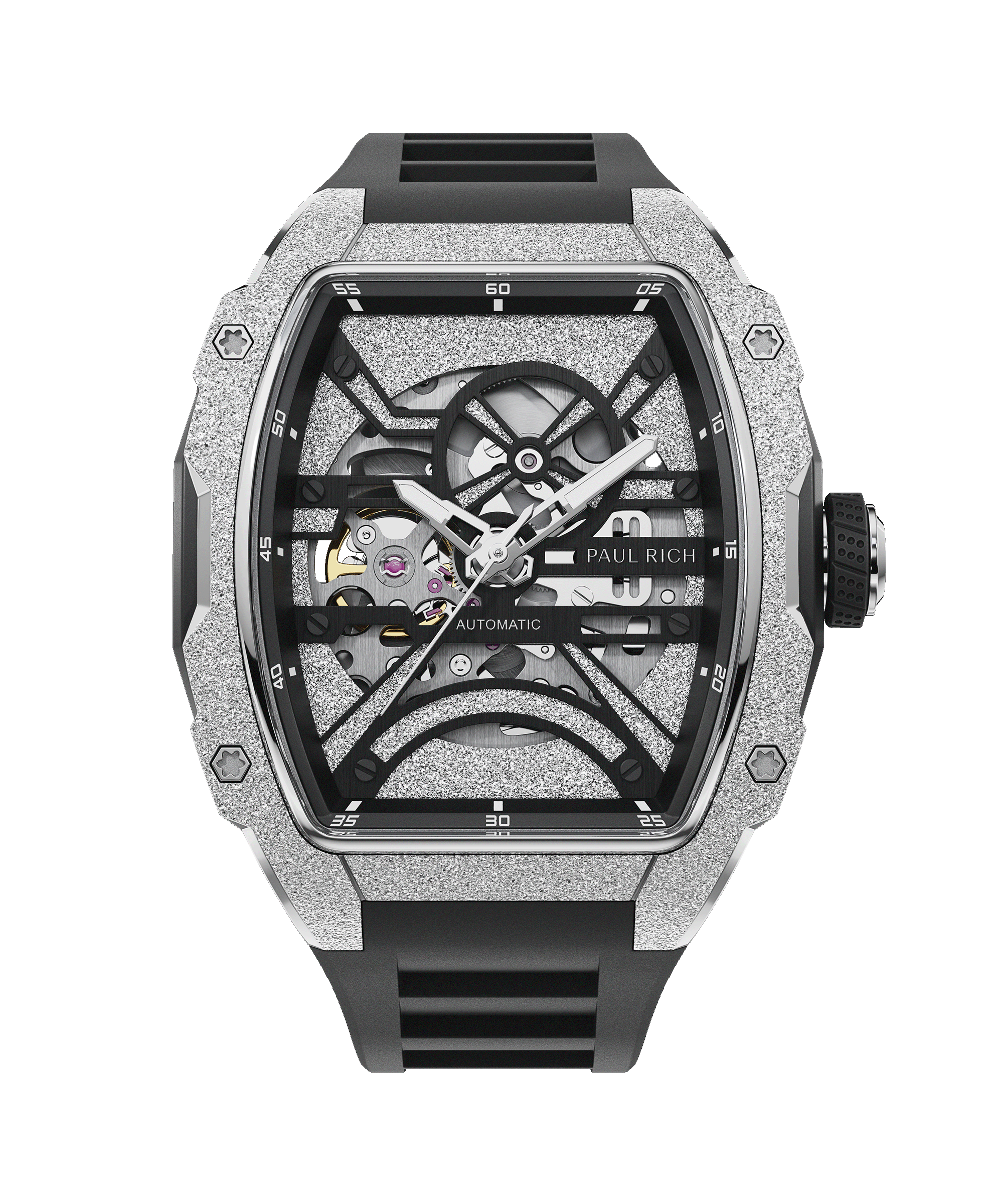 A close-up of the Paul Rich Group LLC Astro Skeleton Abyss Silver watch, featuring a textured silver-toned case, transparent skeleton dial revealing inner workings, and black strap set against a black backdrop.