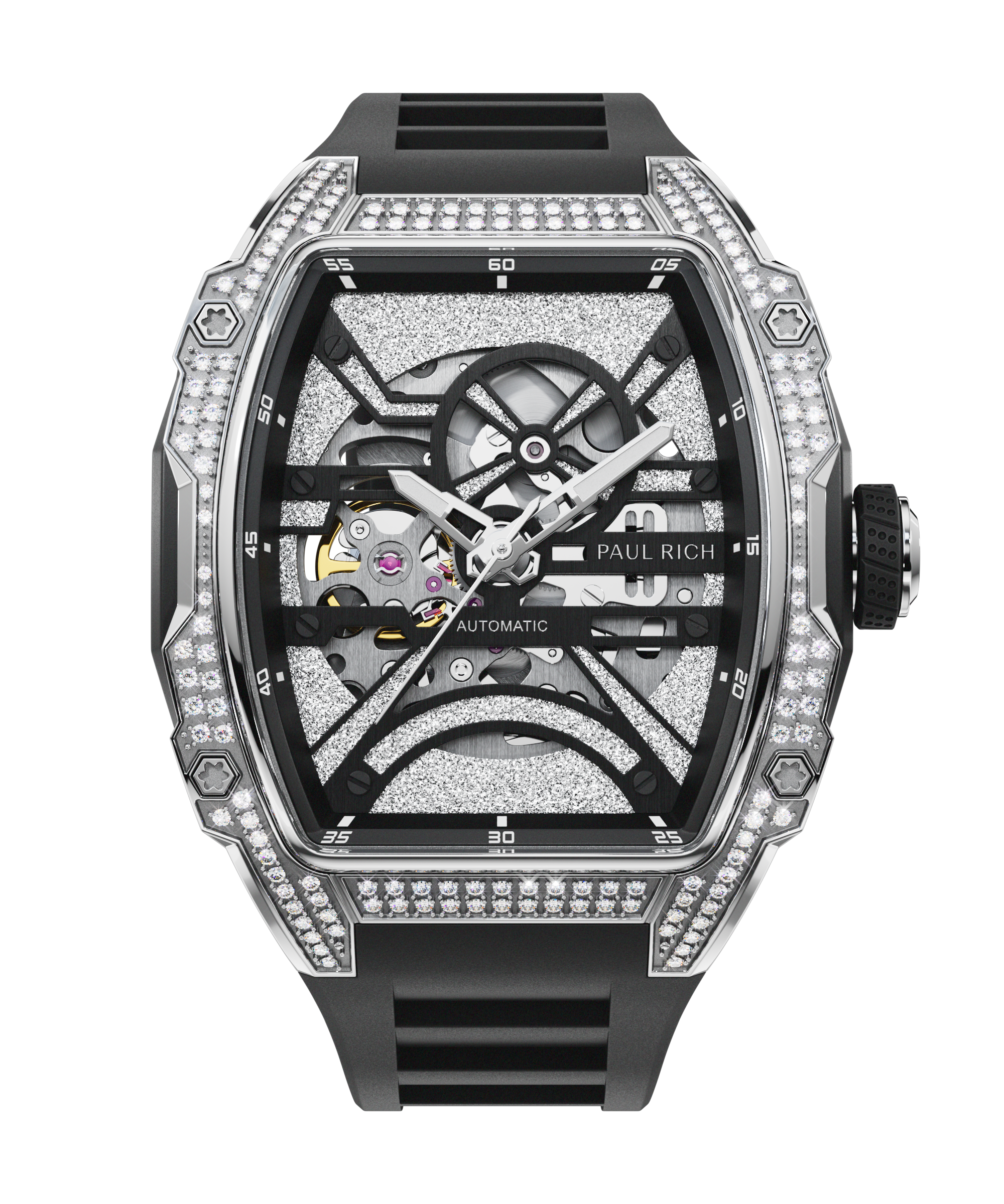 Black tonneau-shaped wristwatch with a skeleton dial, crystal-set bezel, textured metallic surfaces, and a black rubber strap shown on a transparent background.