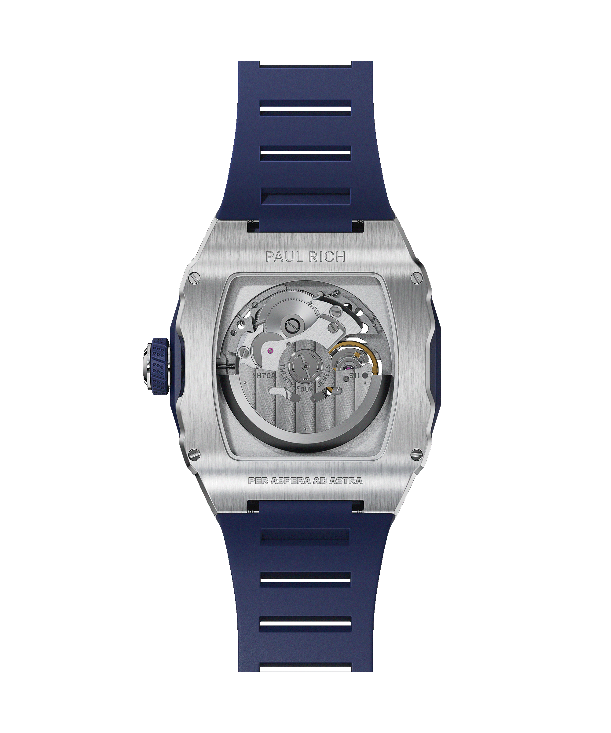 Back view of Paul Rich watch with brushed silver case, visible automatic movement, and blue rubber strap, engraved with ‘Per Aspera Ad Astra.’