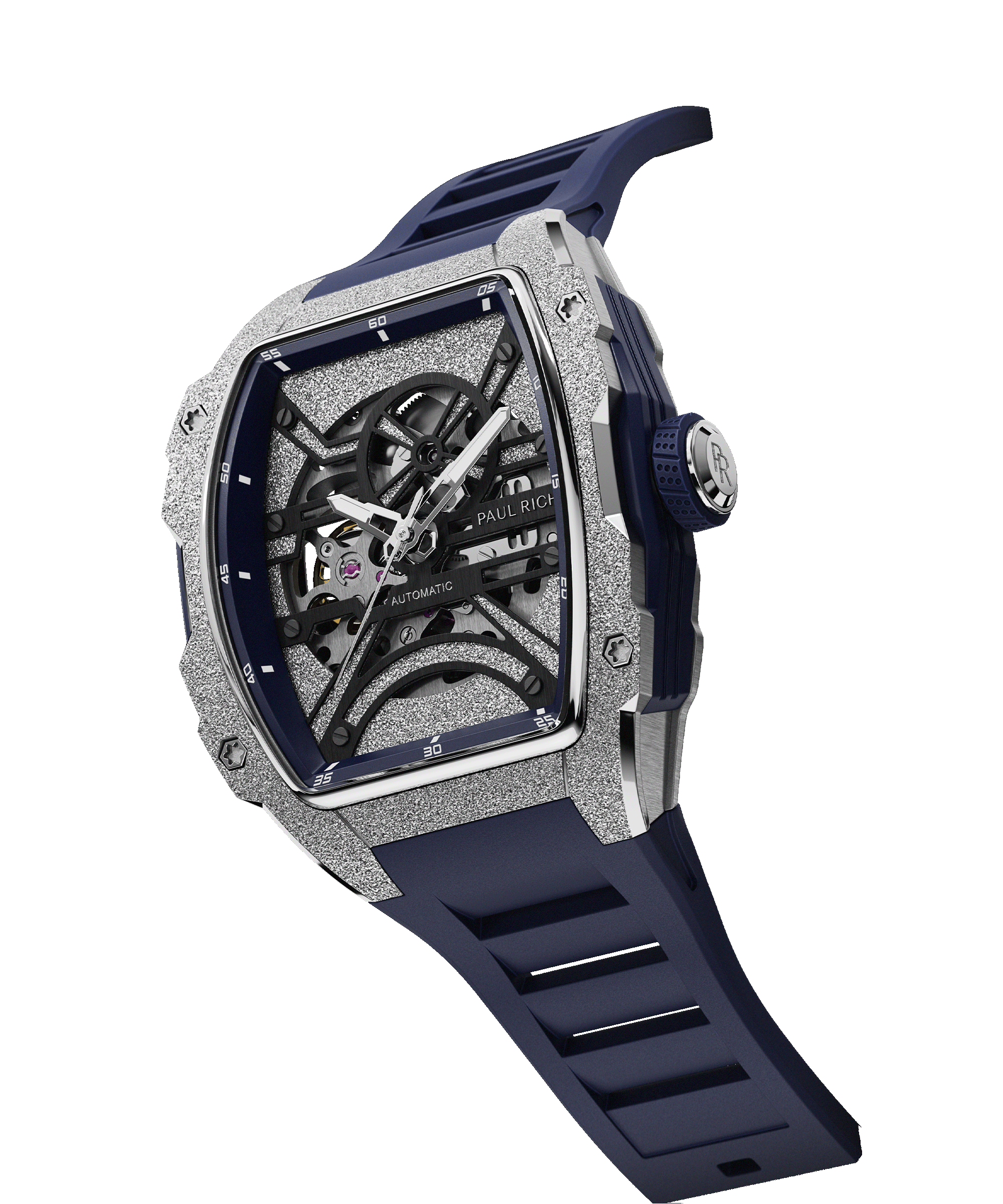 Angled view of Paul Rich watch with frosted silver tonneau case, skeleton dial, white hands, and blue rubber strap, shown on transparent background.