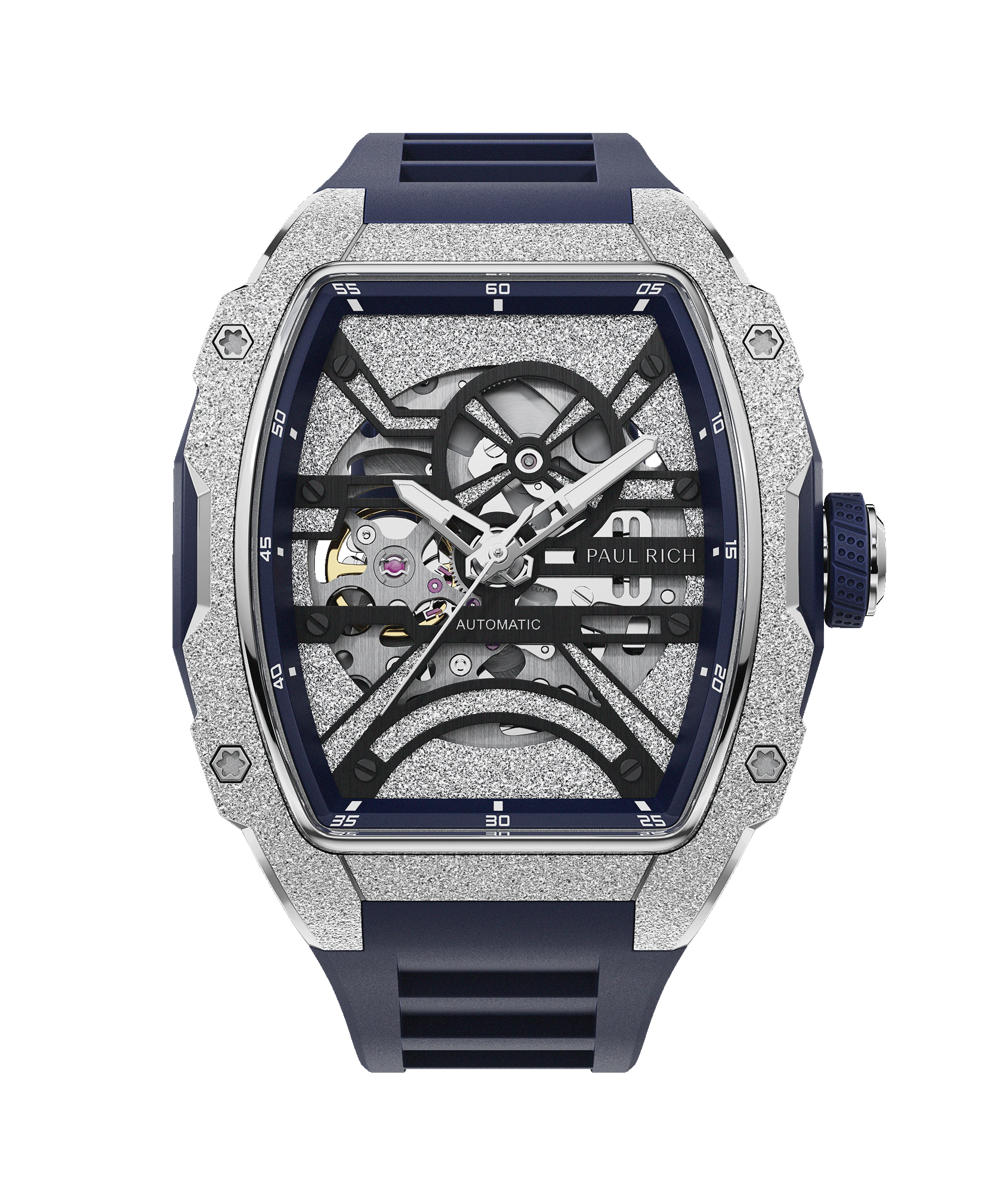 Paul Rich watch with frosted silver tonneau case, skeleton dial, white hands, and blue rubber strap, shown on transparent background.