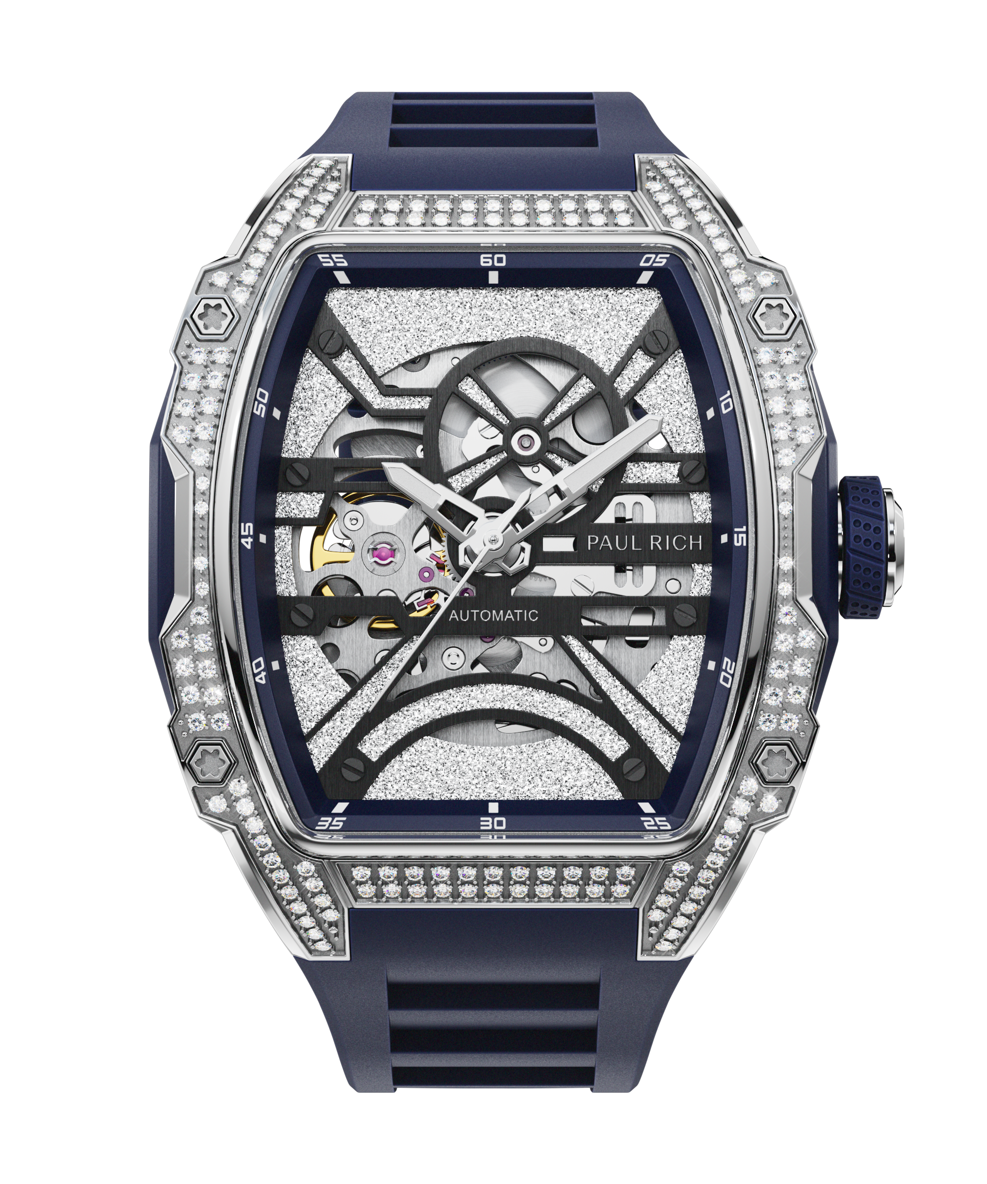 Close-up front view of open dial watch with diamond-set silver case and navy blue strap, shown on transparent background.