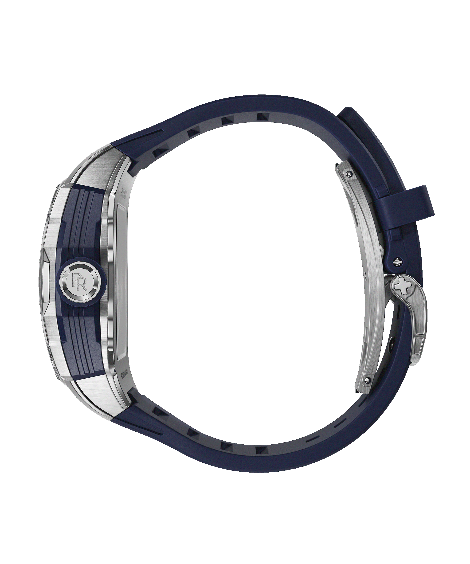 Side view of Paul Rich watch with brushed silver and blue case, PR monogram crown, and blue rubber strap, shown on transparent background.