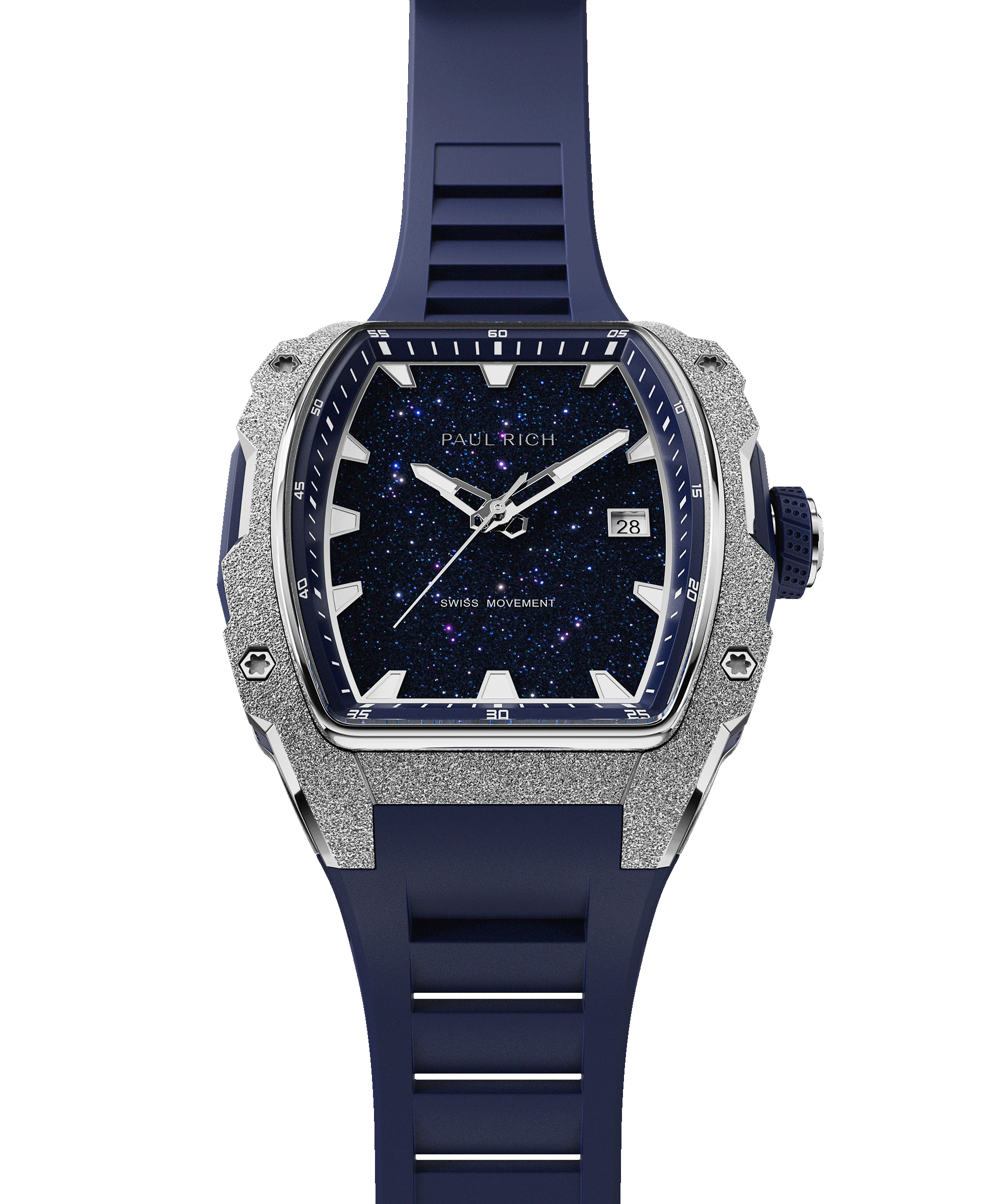 Paul Rich watch with frosted silver bezel, blue aventurine dial, date window, and blue rubber strap, in tonneau case, shown vertically.