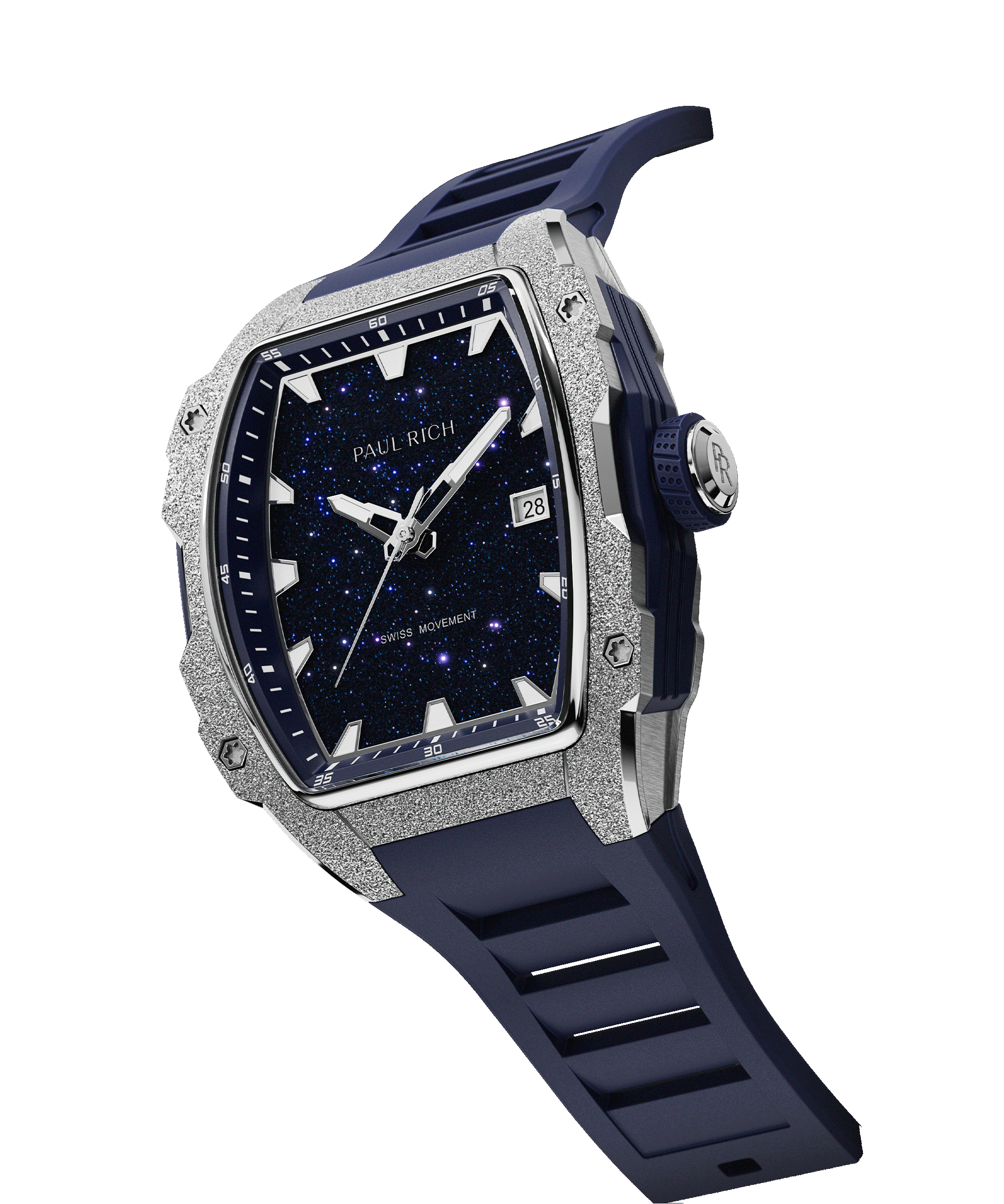 Angled view of Paul Rich watch with frosted silver bezel, blue aventurine dial, date window, PR monogram crown, and blue rubber strap.