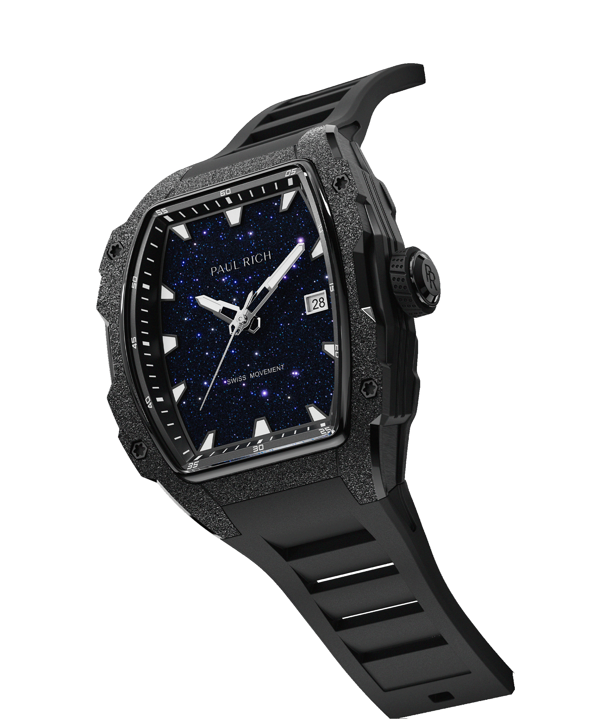 Angled view of tonneau-shaped Paul Rich watch with blue aventurine dial, black frosted bezel, PR crown, and black rubber strap.