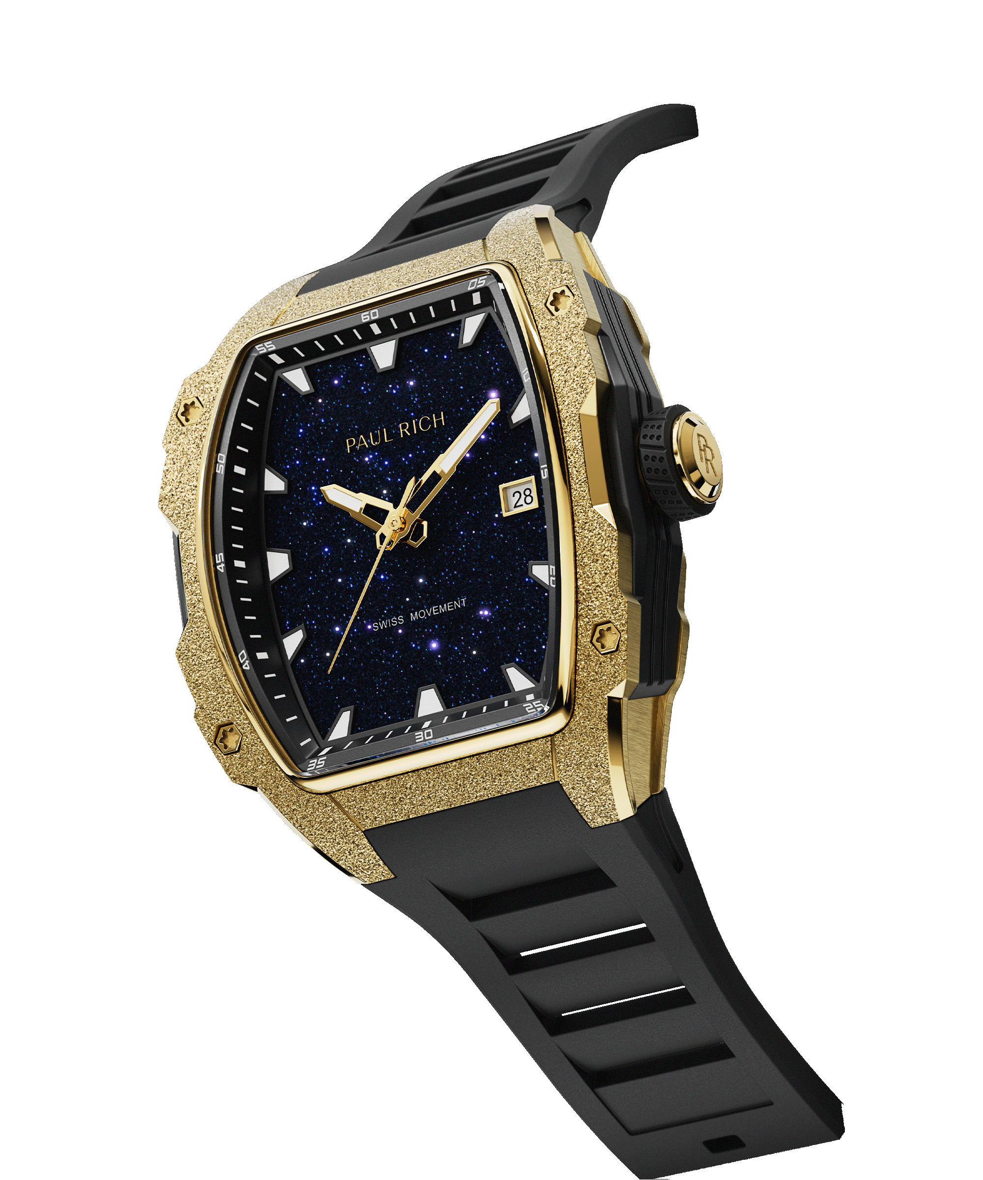 Angled view of Paul Rich watch with blue aventurine dial, gold frosted bezel, PR monogram crown, and black rubber strap.