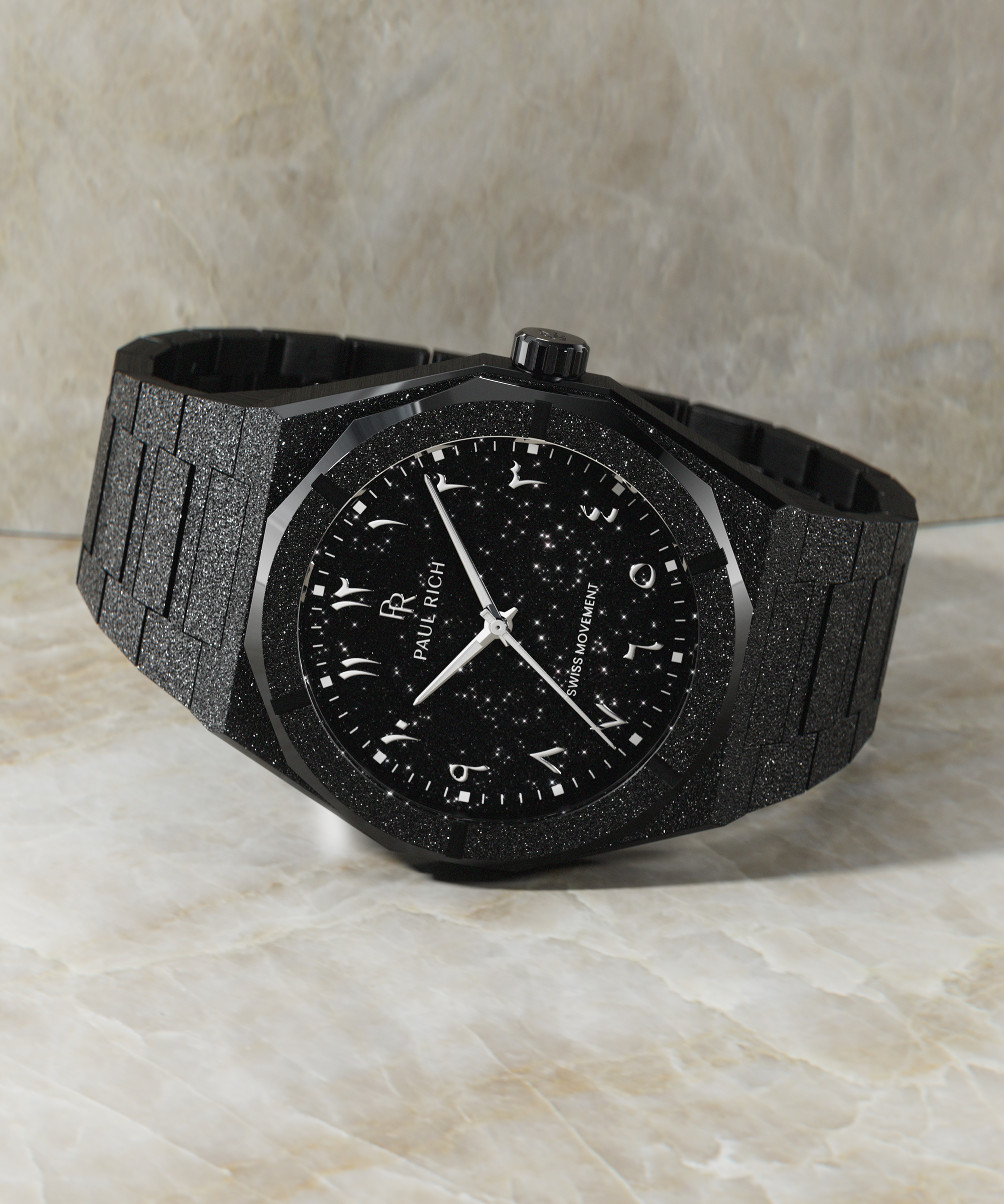 Paul Rich black frosted watch with black aventurine dial and silver Eastern Arabic numerals, displayed horizontally on marble surface.