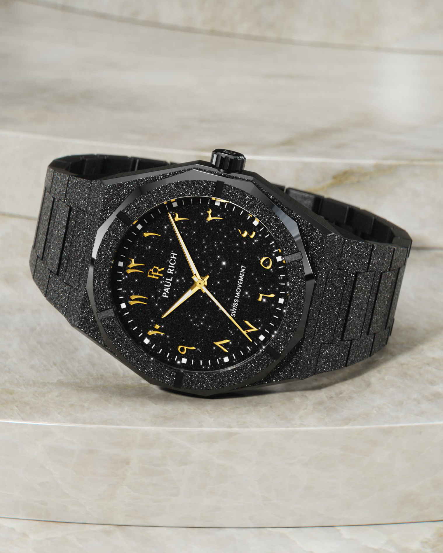 Paul Rich frosted black watch with gold Arabic numerals and black aventurine dial, displayed on light marble-textured stone steps.