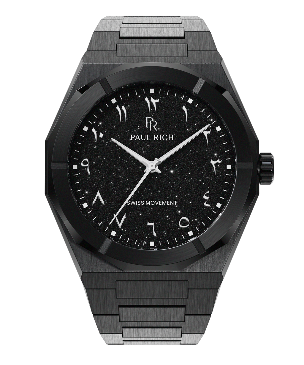 Black watch with brushed case, black aventurine dial, and Arabic numerals, displayed on a transparent background.