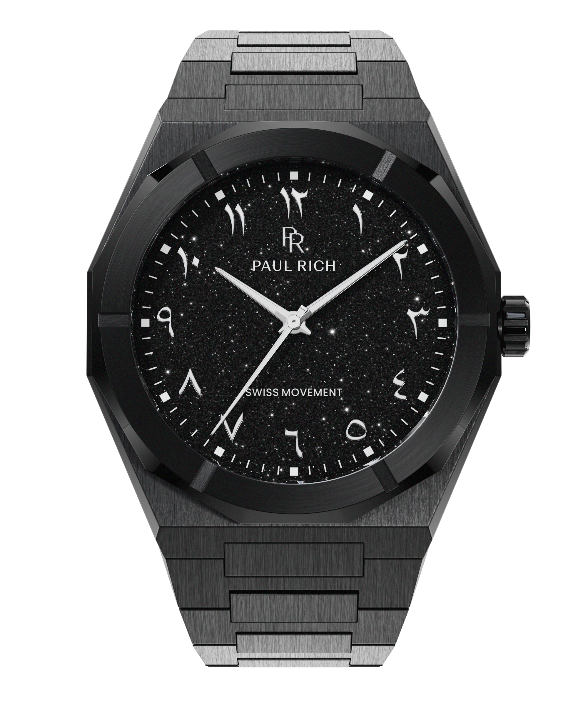 Black watch with brushed case, black aventurine dial, and Arabic numerals, displayed on a transparent background.