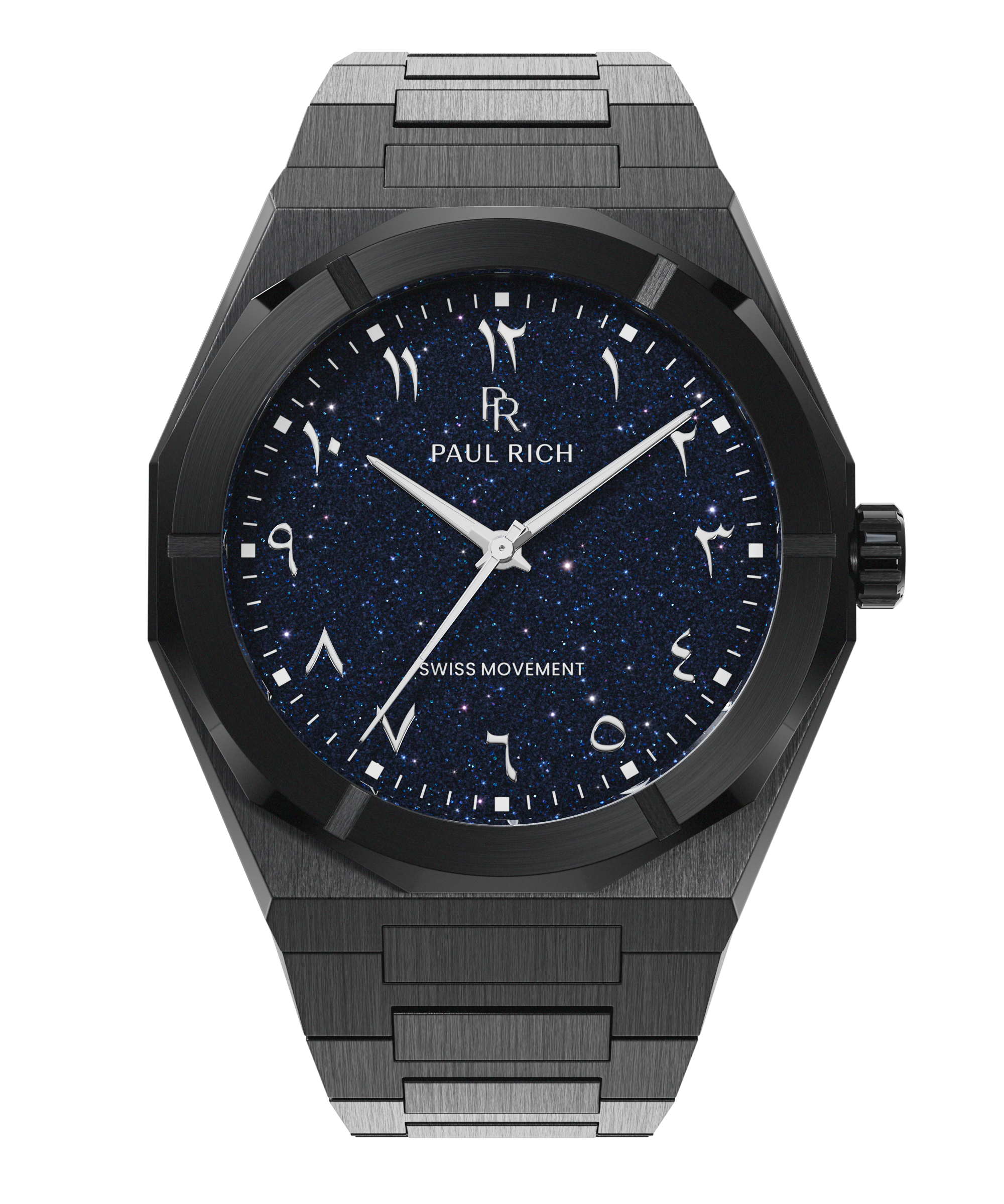 Paul Rich watch with brushed black case and bracelet, featuring a deep blue aventurine dial with Arabic numerals and silver hands.