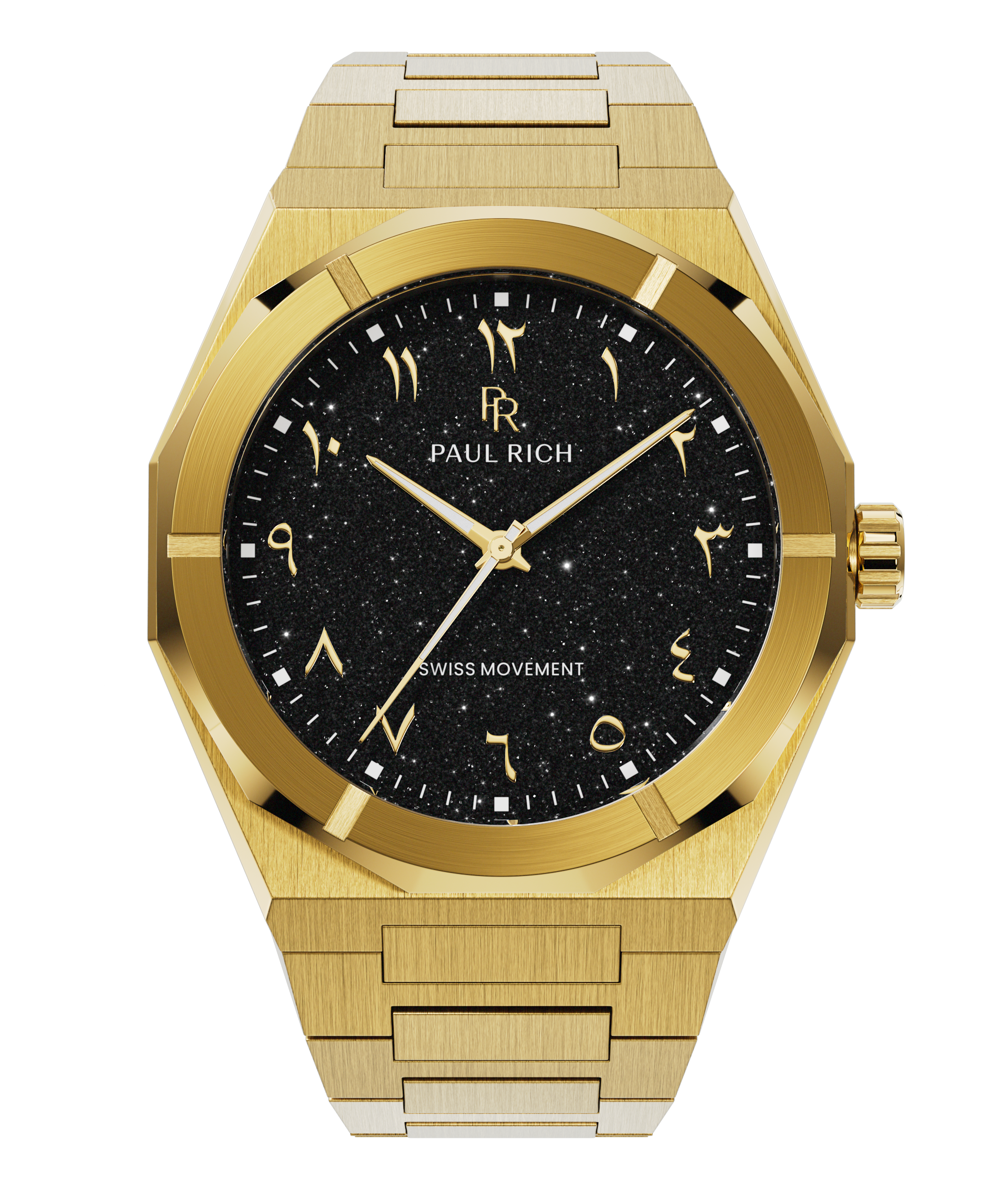 Gold watch with brushed case, black aventurine dial, and Arabic numerals, shown on a transparent background.