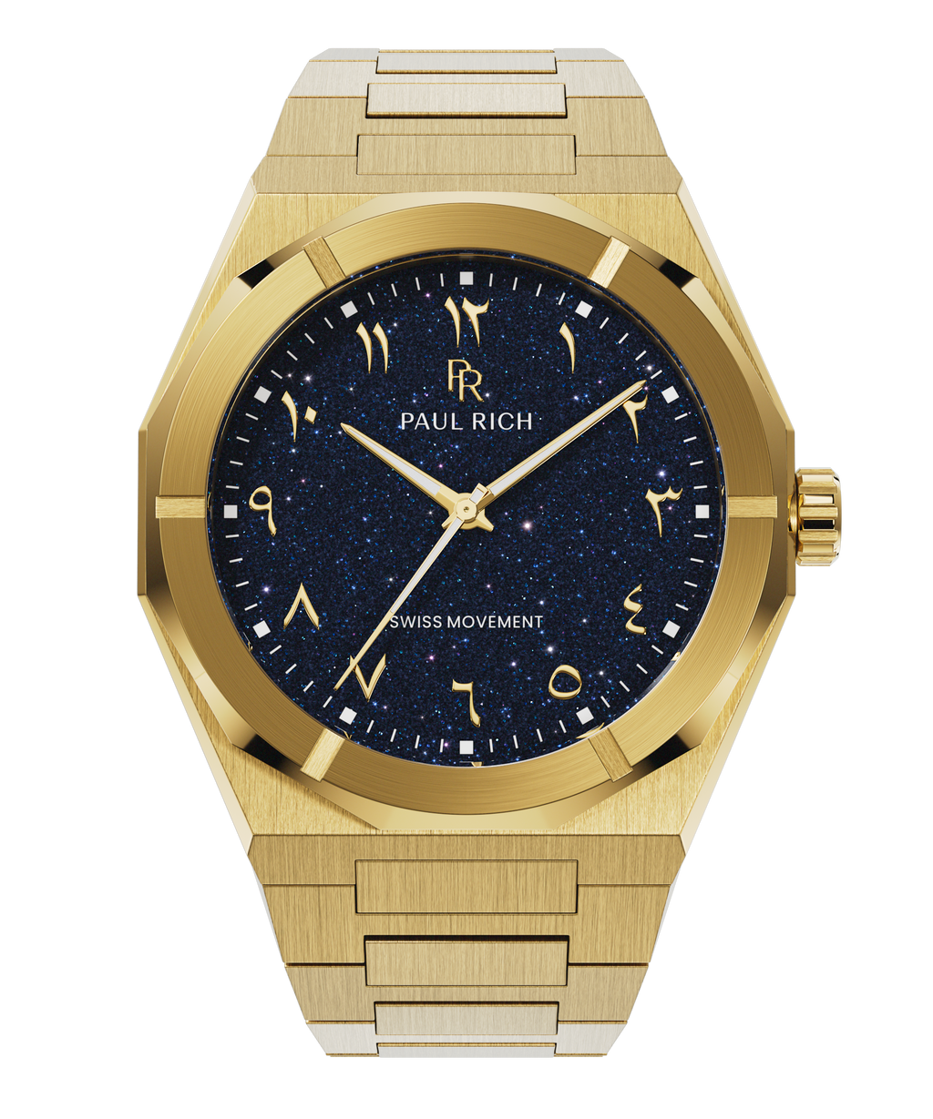 Paul Rich watch with brushed gold case and bracelet, featuring a blue aventurine dial with Arabic numerals and gold hands.