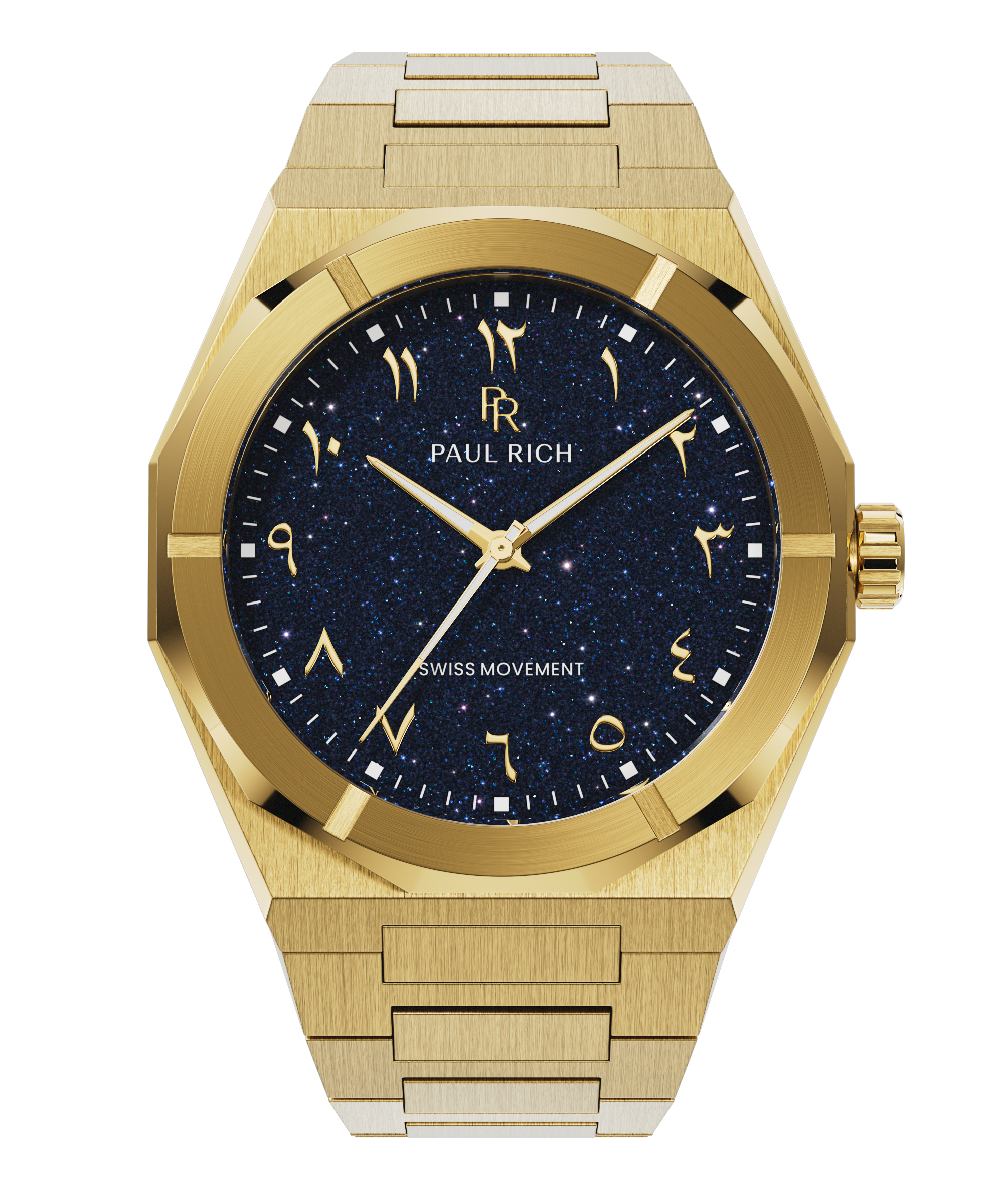 Paul Rich watch with brushed gold case and bracelet, featuring a blue aventurine dial with Arabic numerals and gold hands.