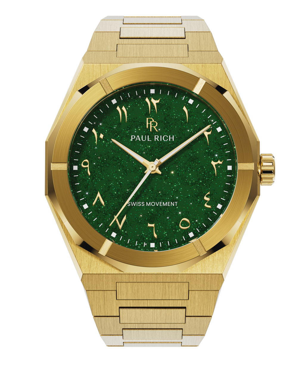 Paul Rich watch with brushed gold case and bracelet, featuring a sparkling green dial with Arabic numerals and gold hands.
