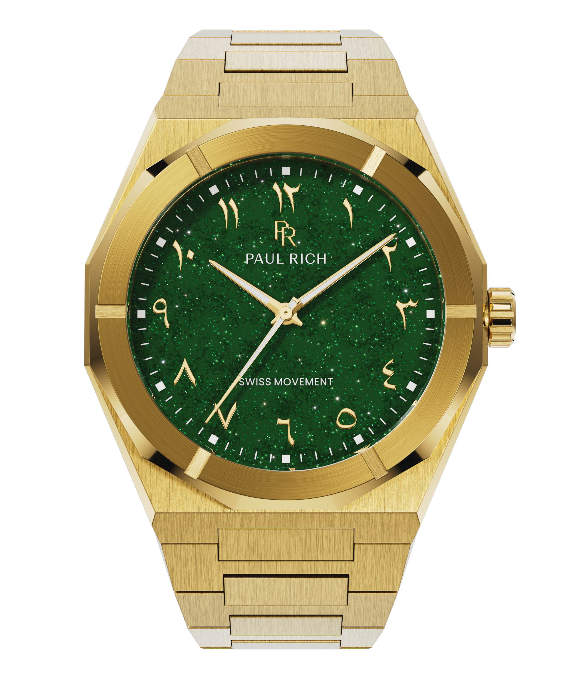 Paul Rich watch with brushed gold case and bracelet, featuring a sparkling green dial with Arabic numerals and gold hands.