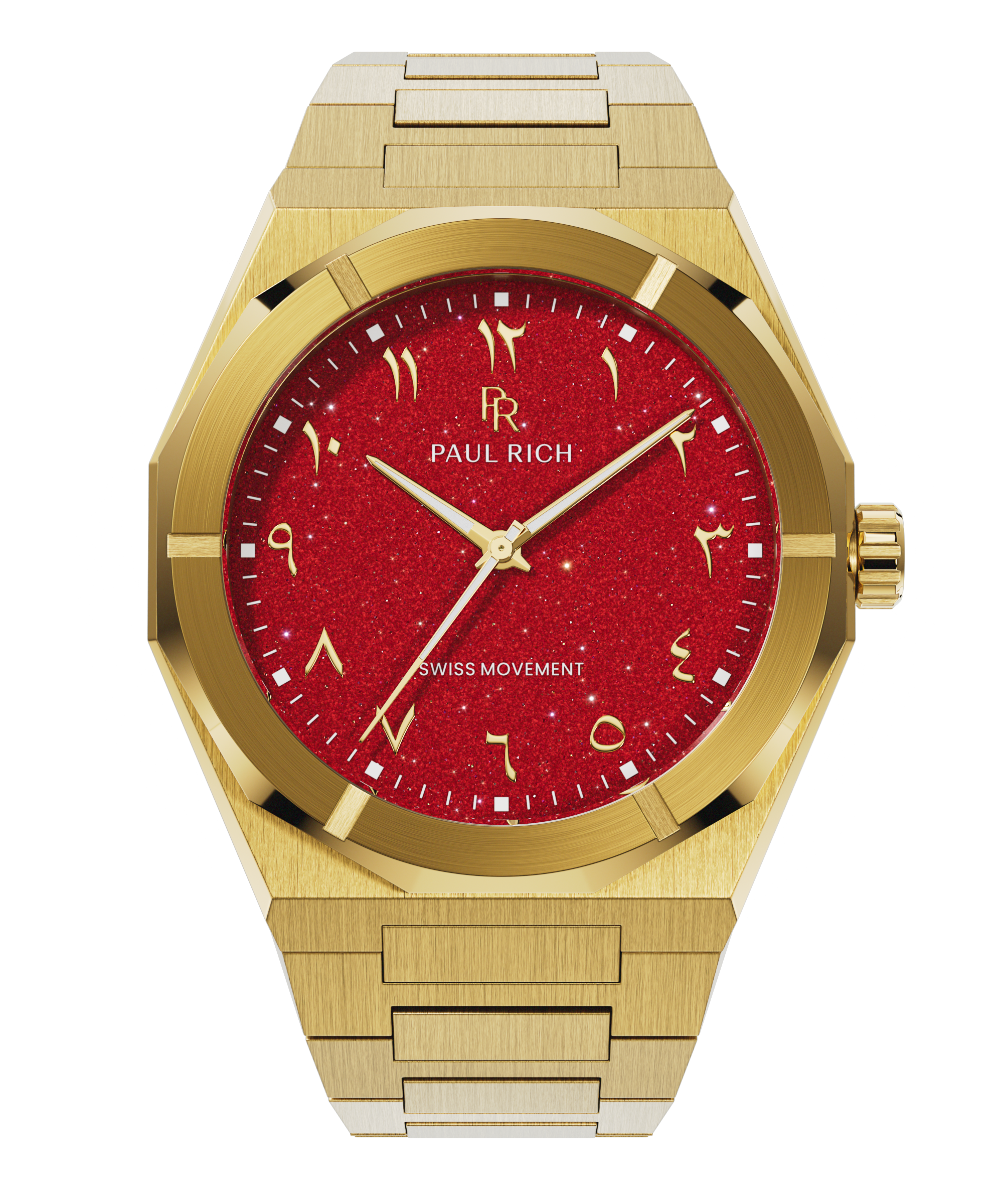 Paul Rich watch with brushed gold case and bracelet, featuring a red aventurine dial with Arabic numerals and gold hands.