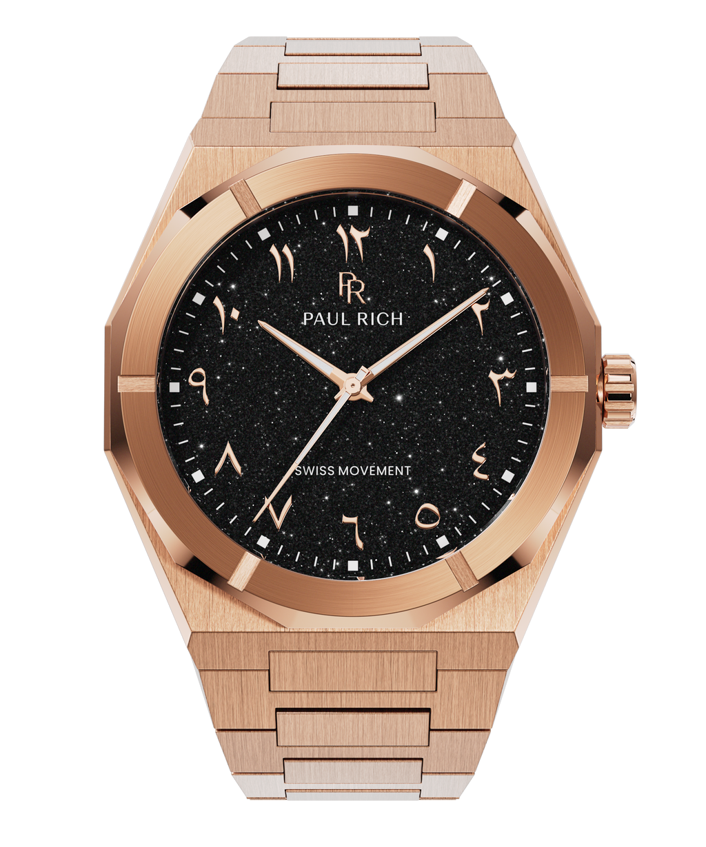 Rose gold watch with brushed finish, black aventurine dial, and Arabic numerals, displayed on transparent background.