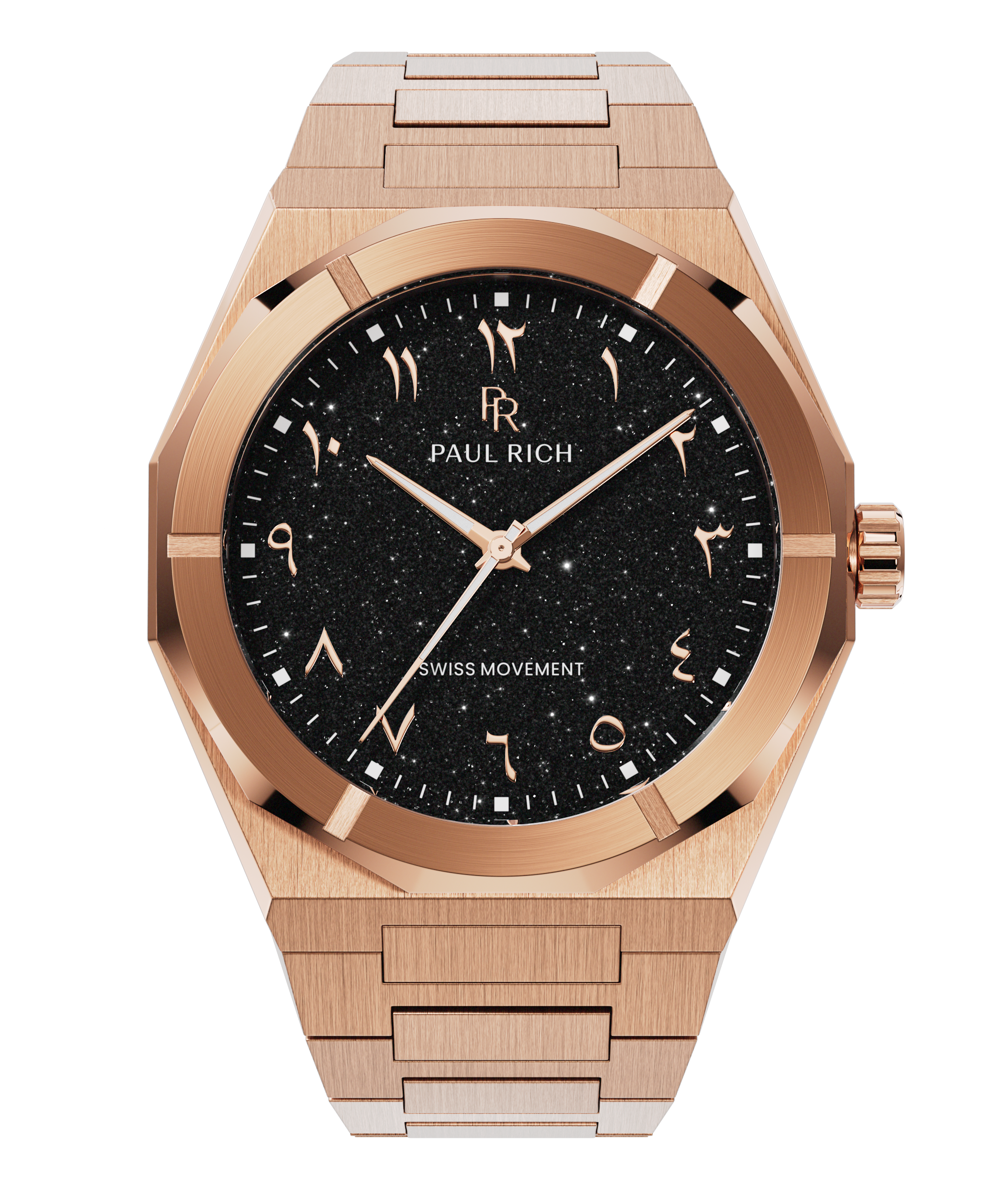 Rose gold watch with brushed finish, black aventurine dial, and Arabic numerals, displayed on transparent background.