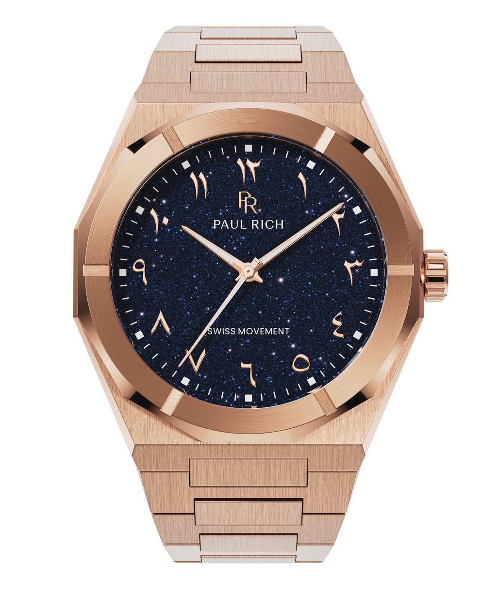 Paul Rich watch with brushed rose gold case and bracelet, featuring a blue aventurine dial with Arabic numerals and matching rose gold hands.