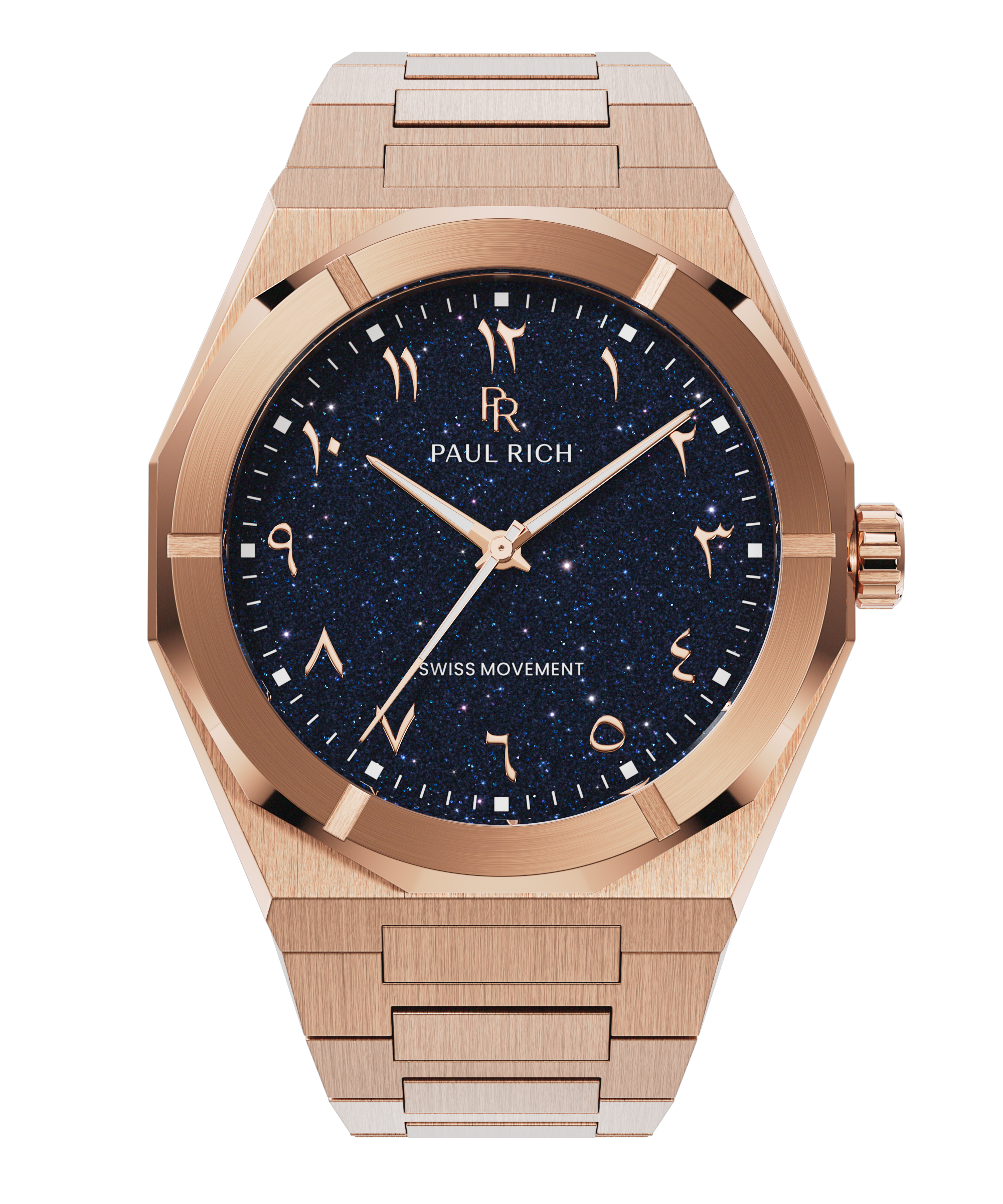 Paul Rich watch with brushed rose gold case and bracelet, featuring a blue aventurine dial with Arabic numerals and matching rose gold hands.