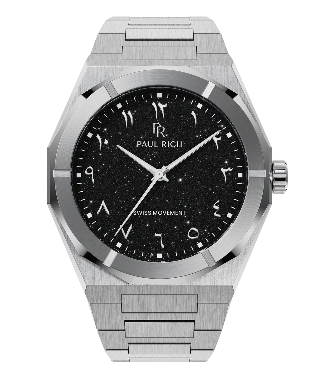Silver watch with brushed stainless steel case, black aventurine dial, and Arabic numerals, shown on transparent background.