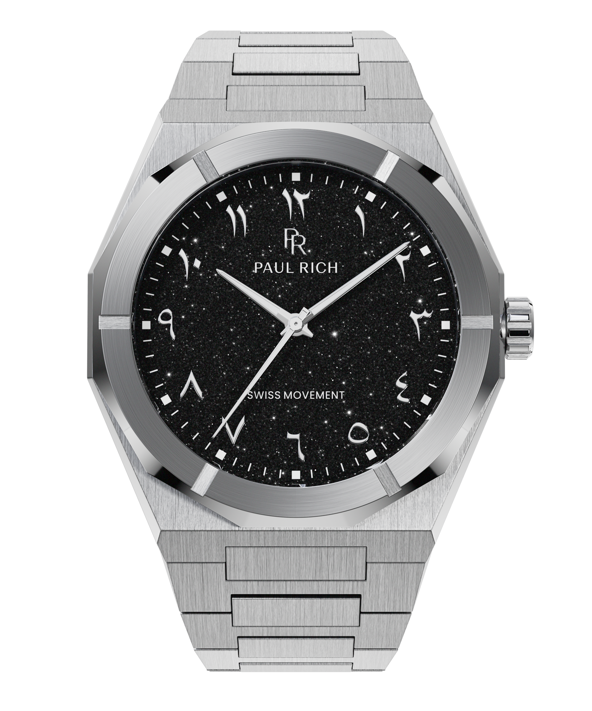 Silver watch with brushed stainless steel case, black aventurine dial, and Arabic numerals, shown on transparent background.
