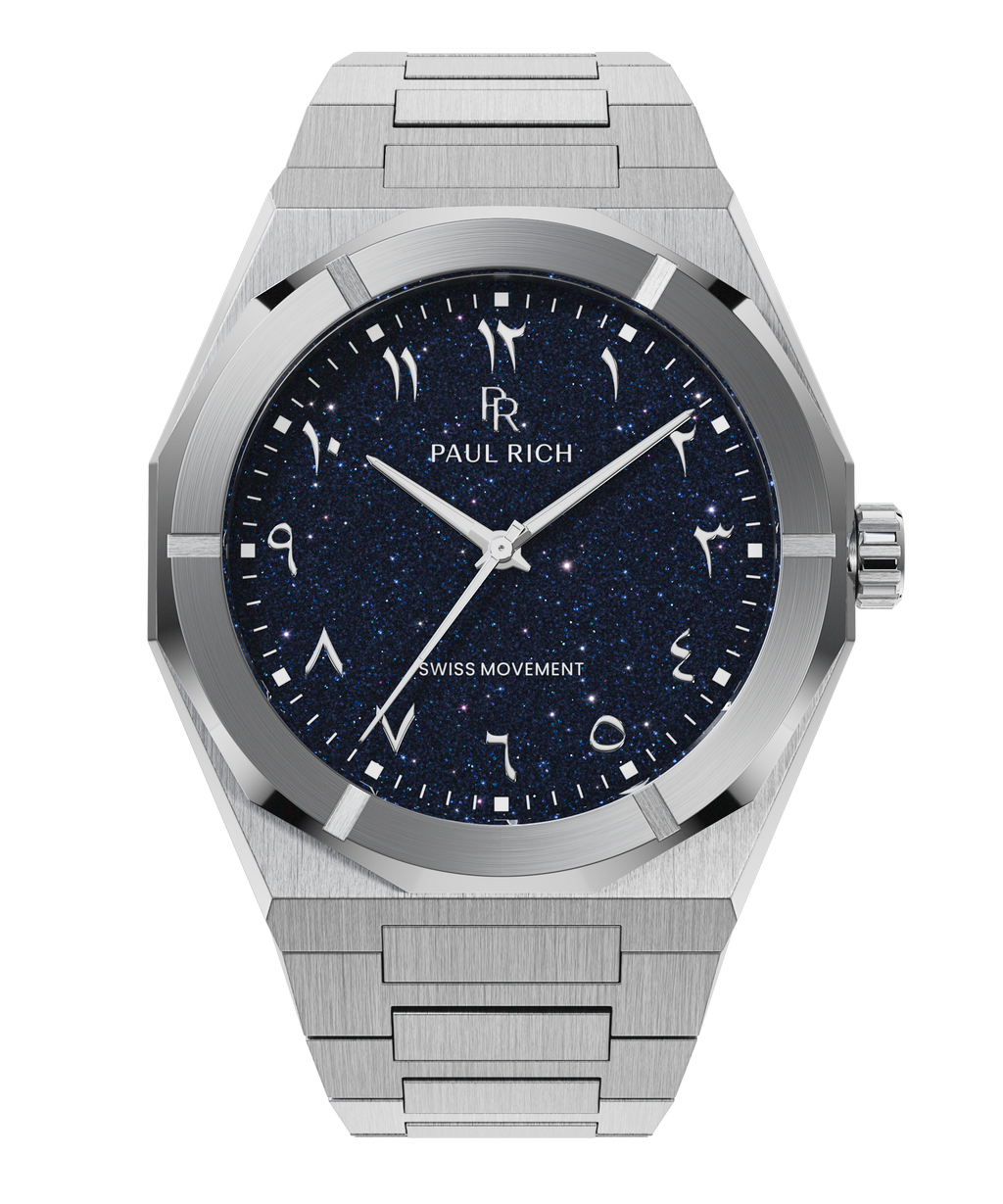 Paul Rich watch with brushed silver case and bracelet, featuring a blue aventurine dial with Arabic numerals and silver hands.