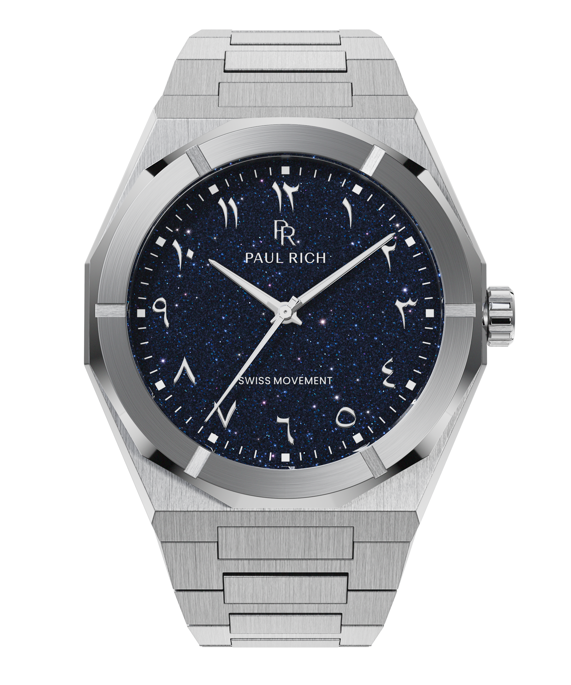 Paul Rich watch with brushed silver case and bracelet, featuring a blue aventurine dial with Arabic numerals and silver hands.