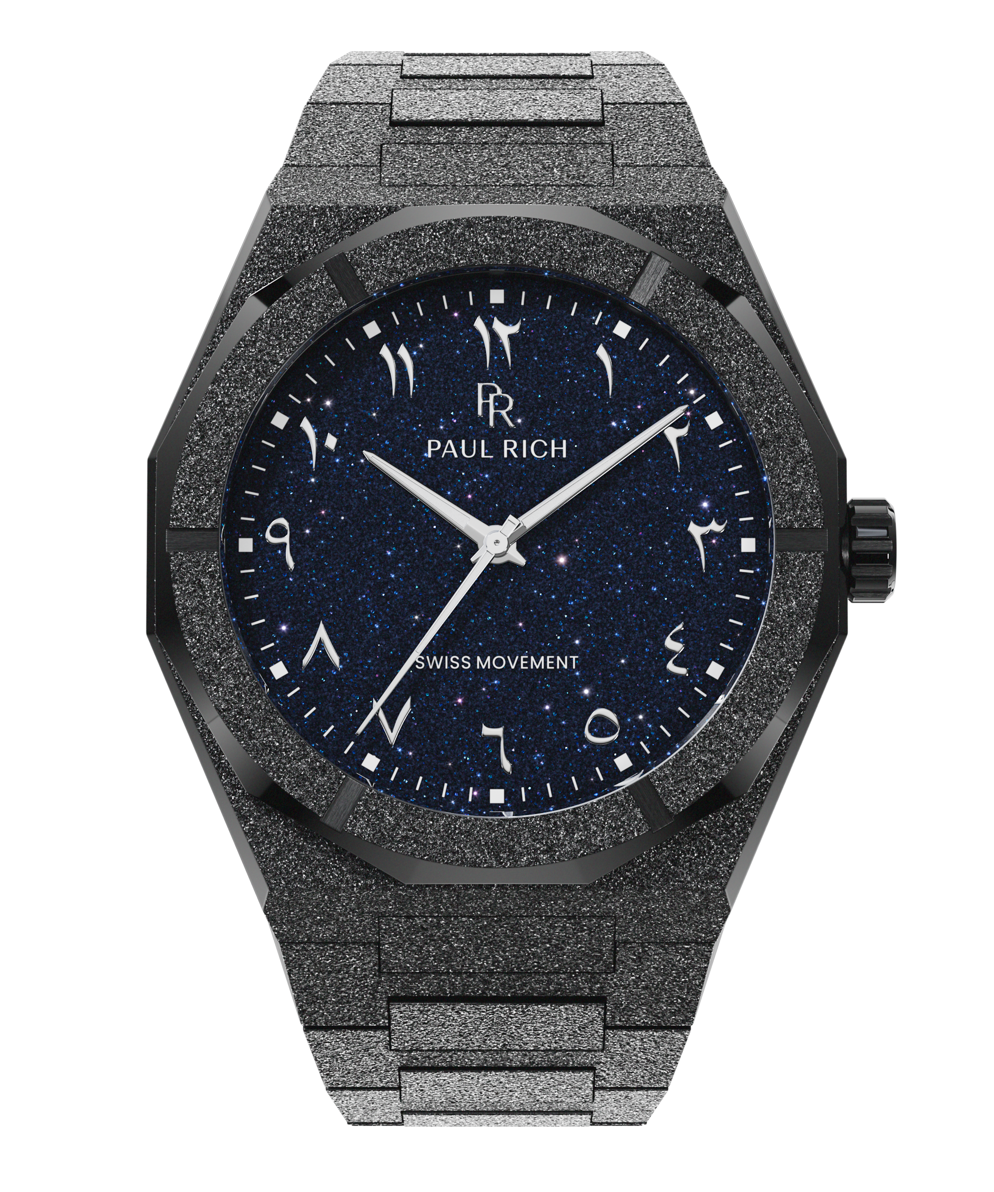 Frosted black watch with a blue aventurine dial, Arabic numerals, silver hands, and a matching frosted black bracelet.